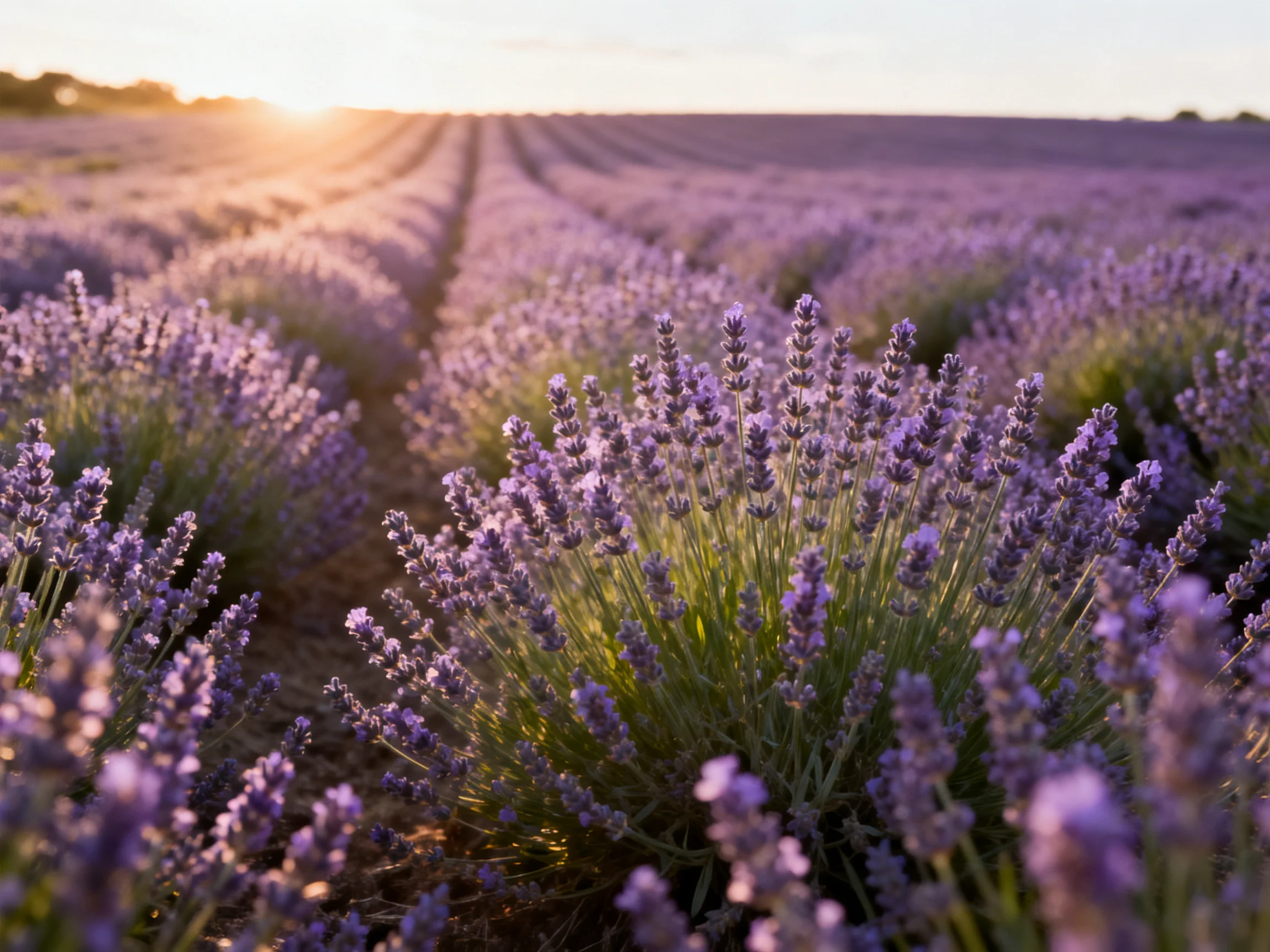Vast lavender fields glowing in golden sunset hues