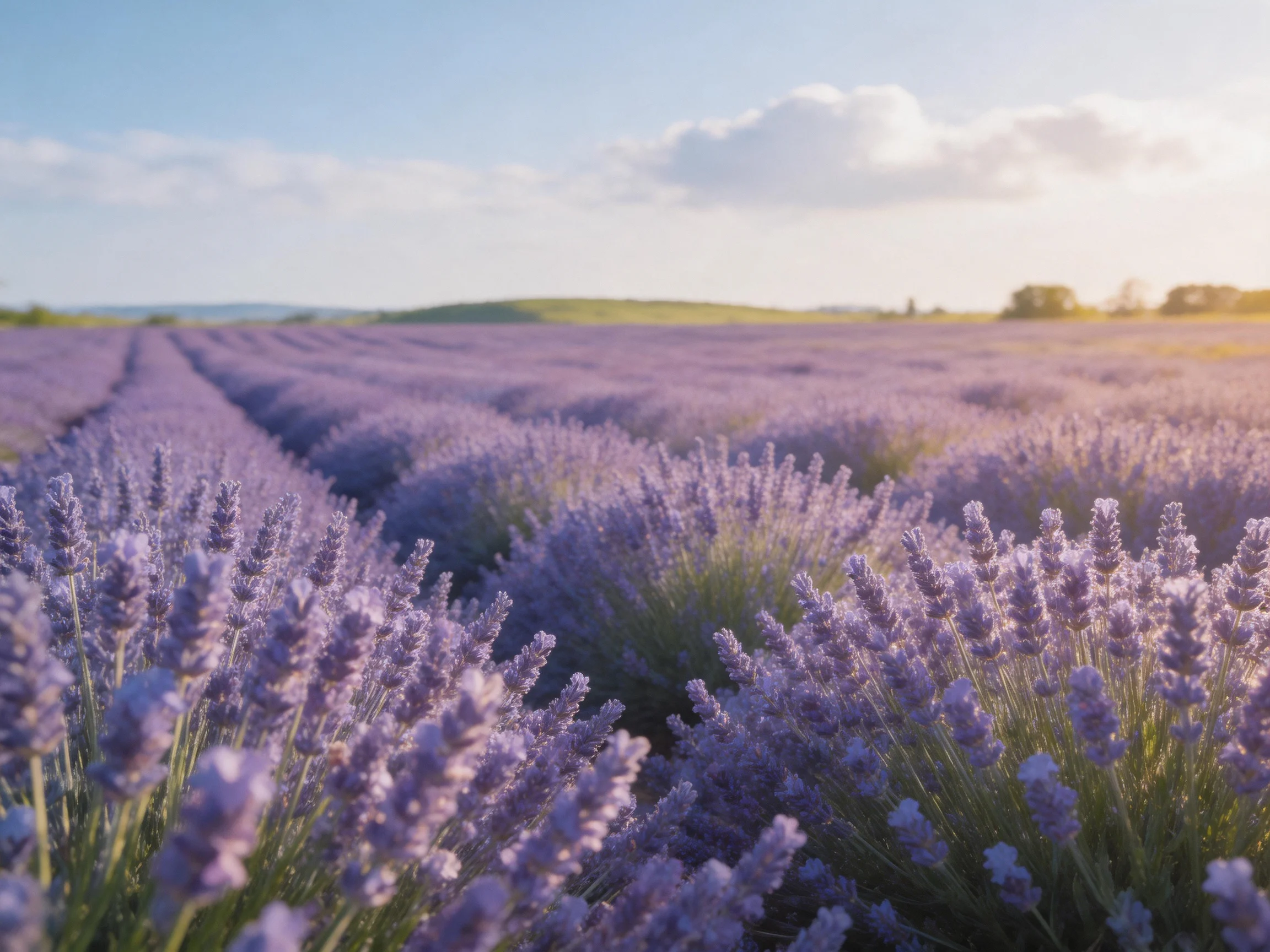 Vast lavender fields in purple hues stretch toward distant green hills
