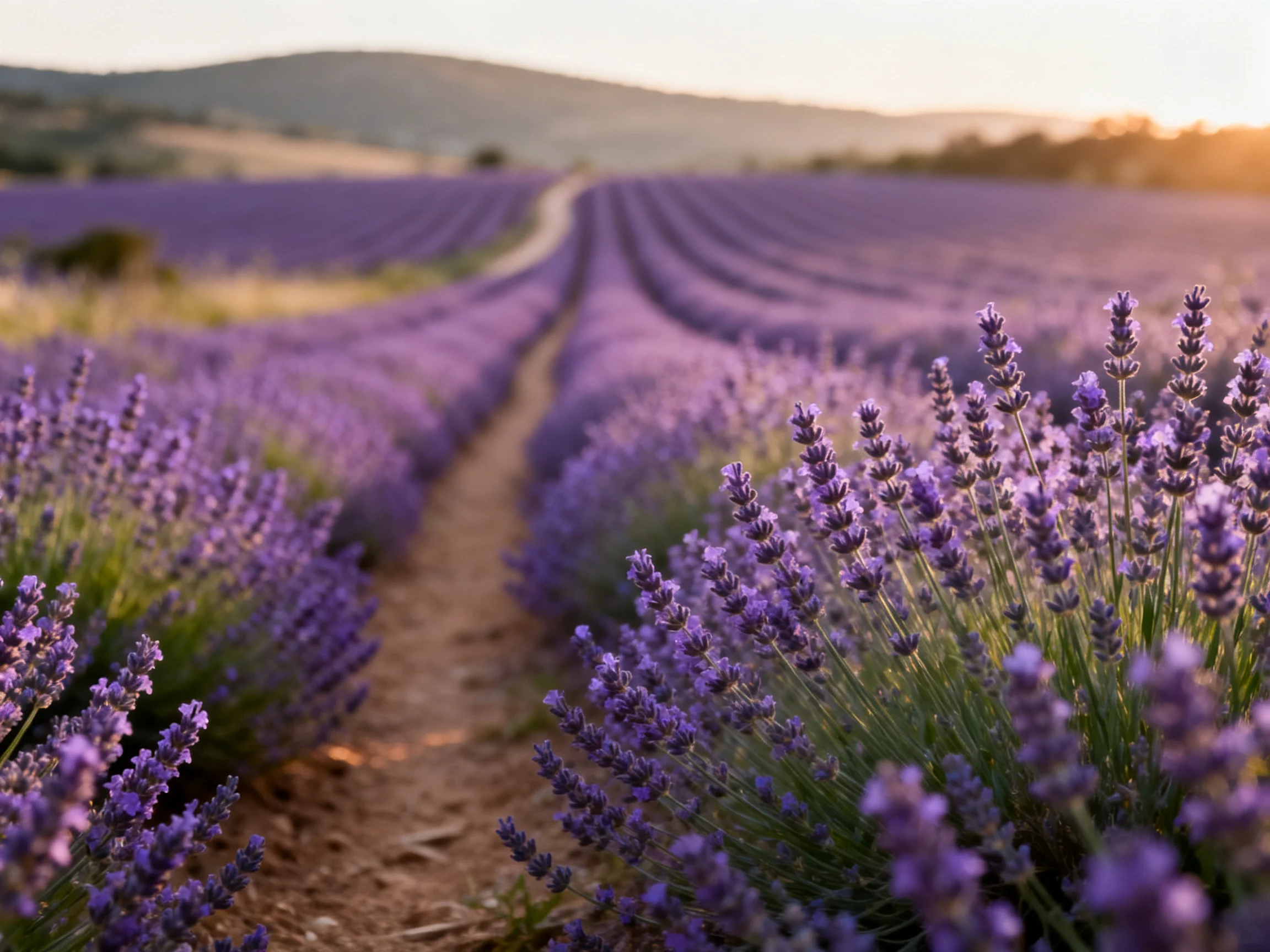 Vast lavender fields stretch toward rolling hills at golden hour