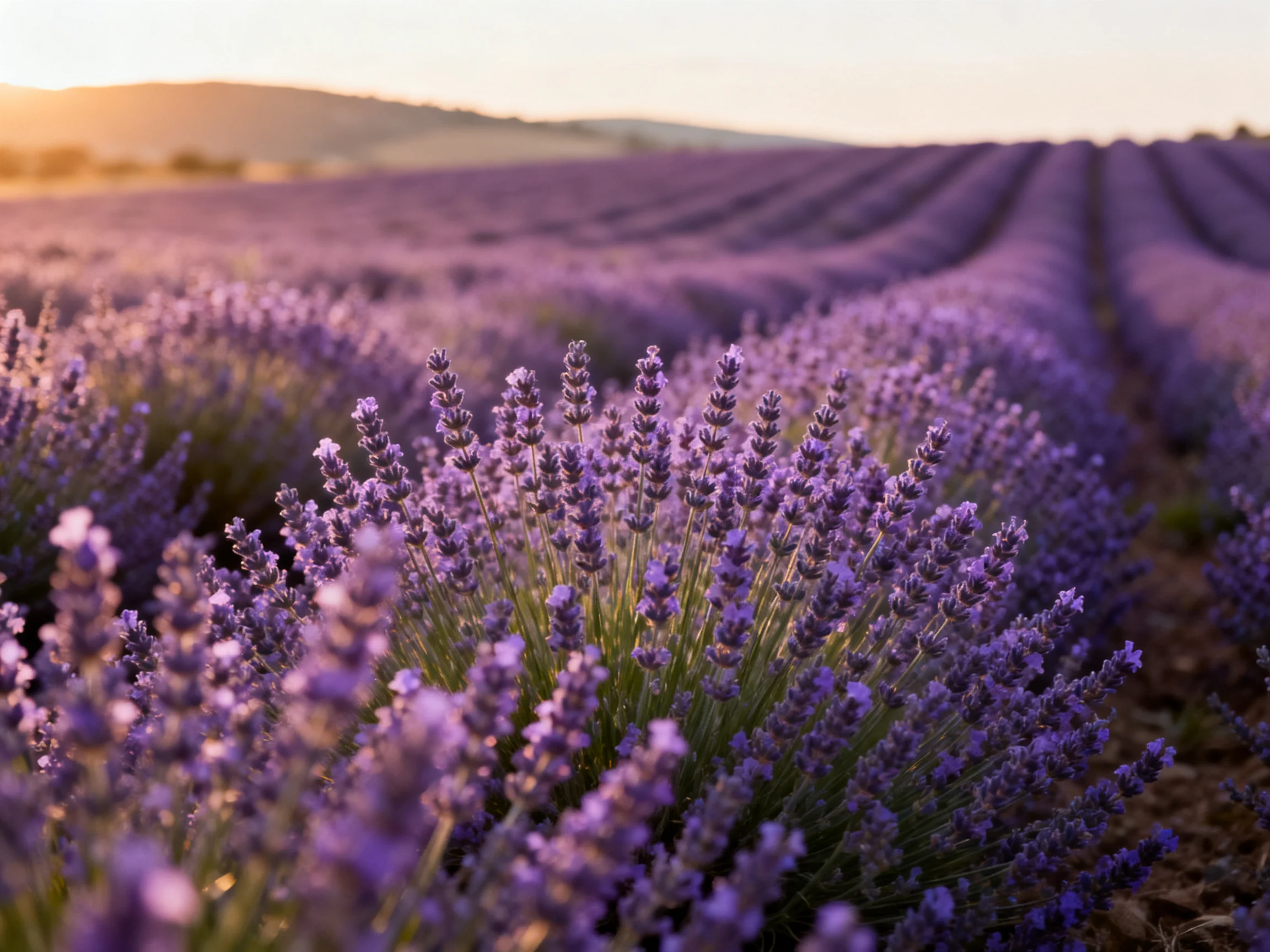 Vast lavender fields stretching into the distance under warm sunset light