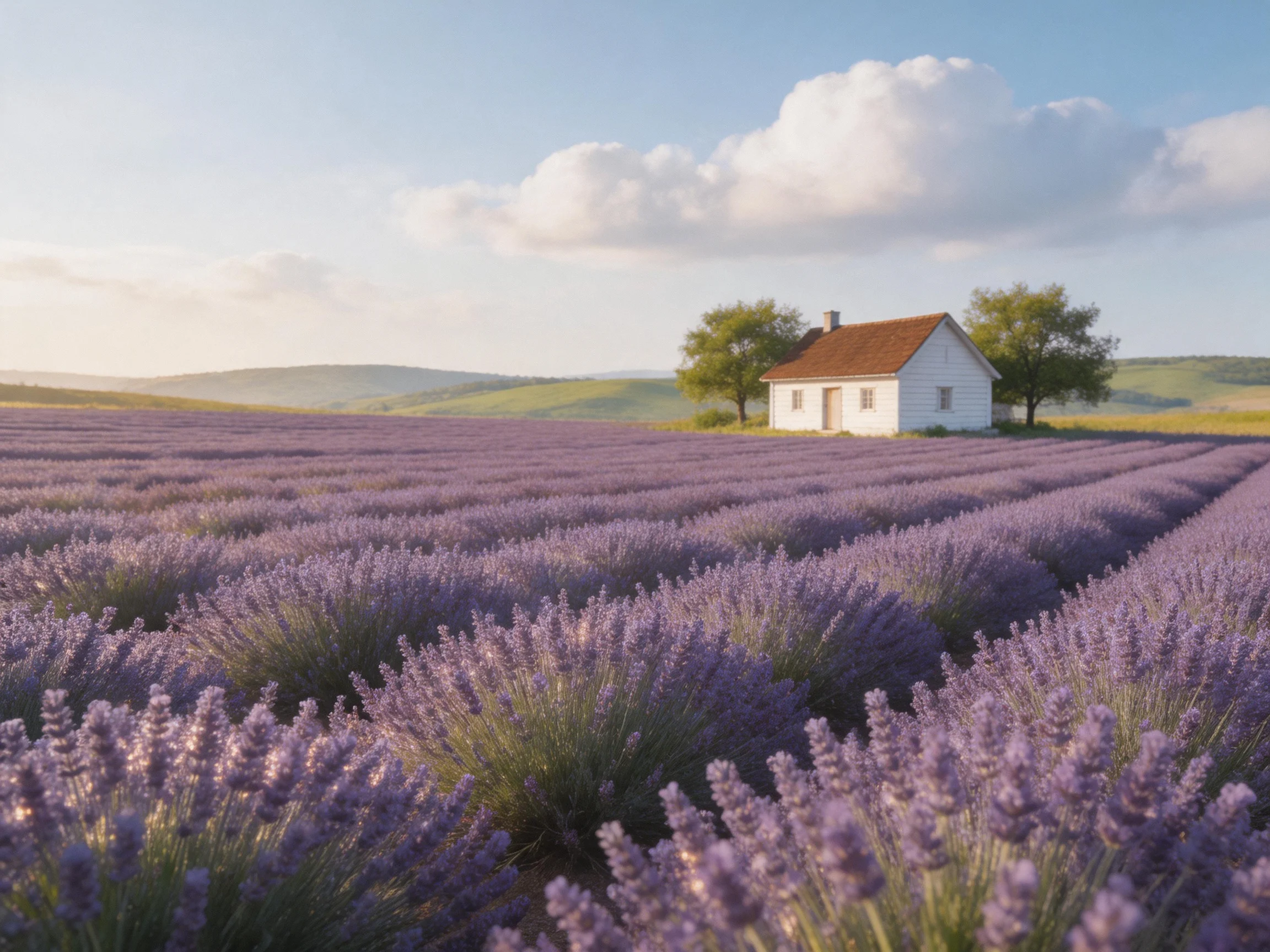 Vast lavender fields surround a white cottage near two trees