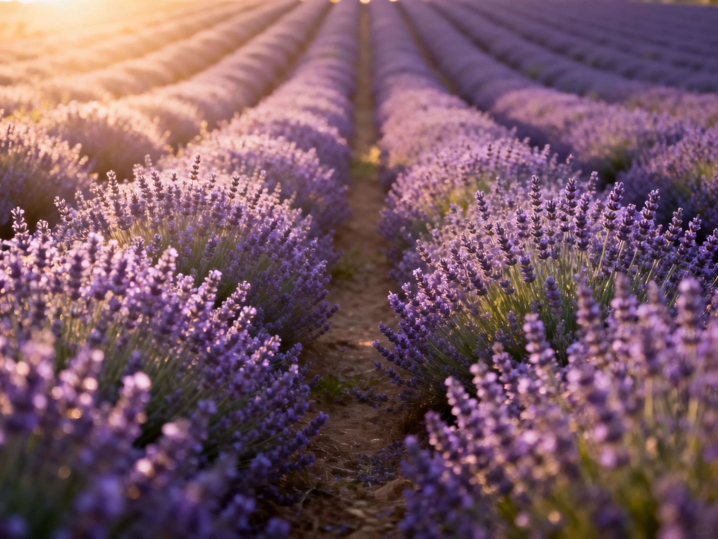 Vast lavender fields with rows stretching into golden sunlight