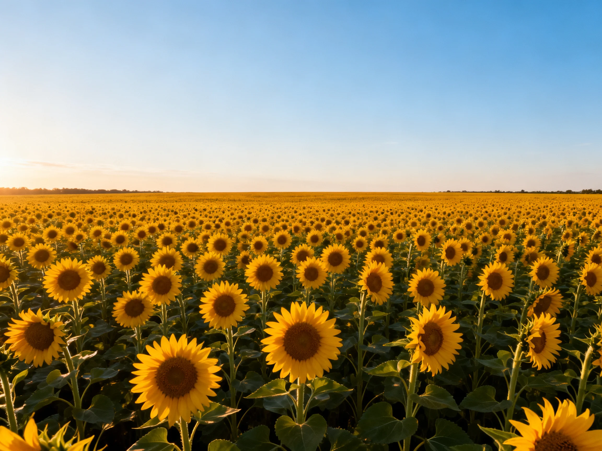 Vast sunflower field of golden blooms beneath clear blue sky