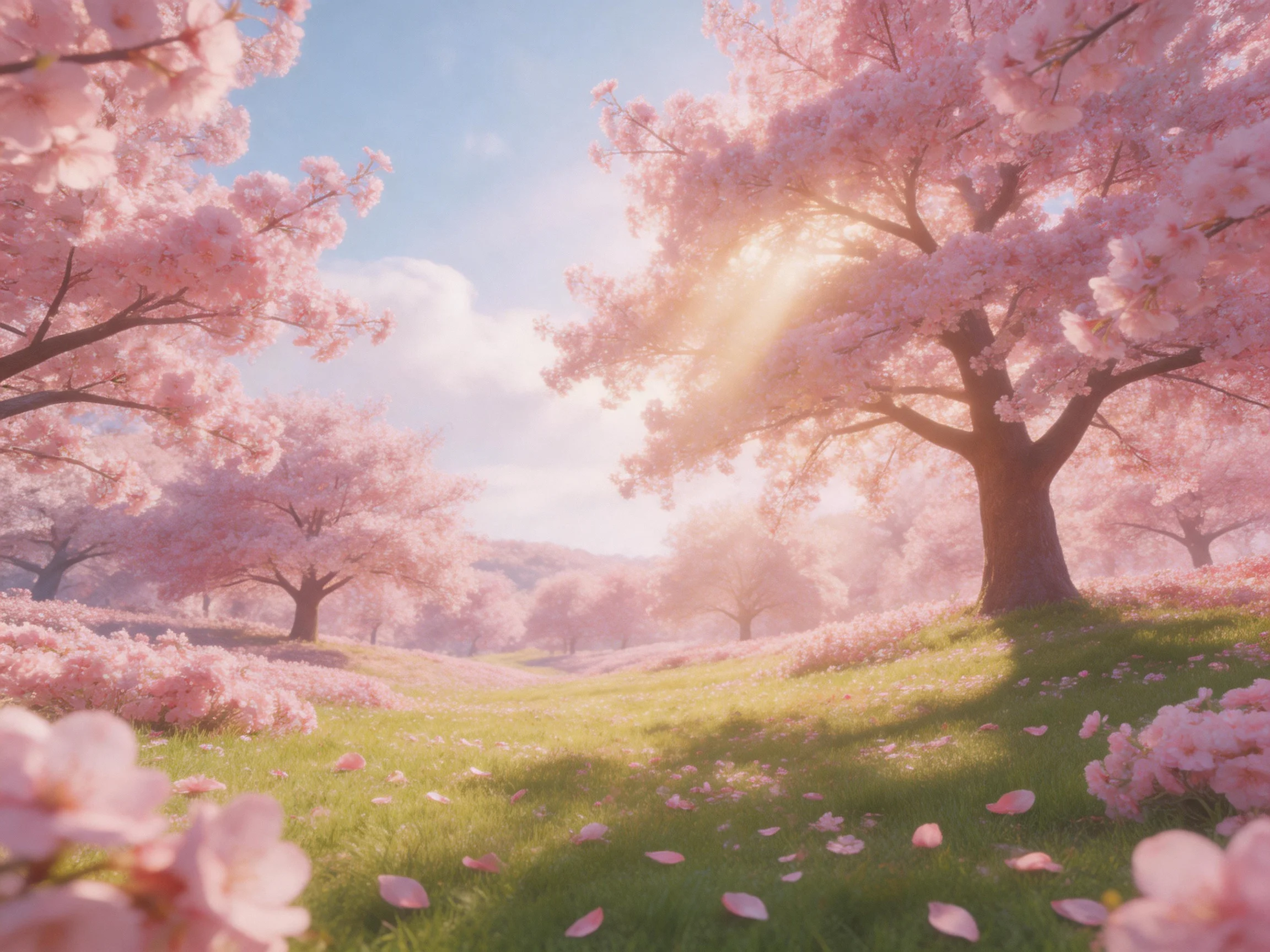 Vibrant Cherry Blossom Grove with Pink Flowers and Sunlit Green Fields