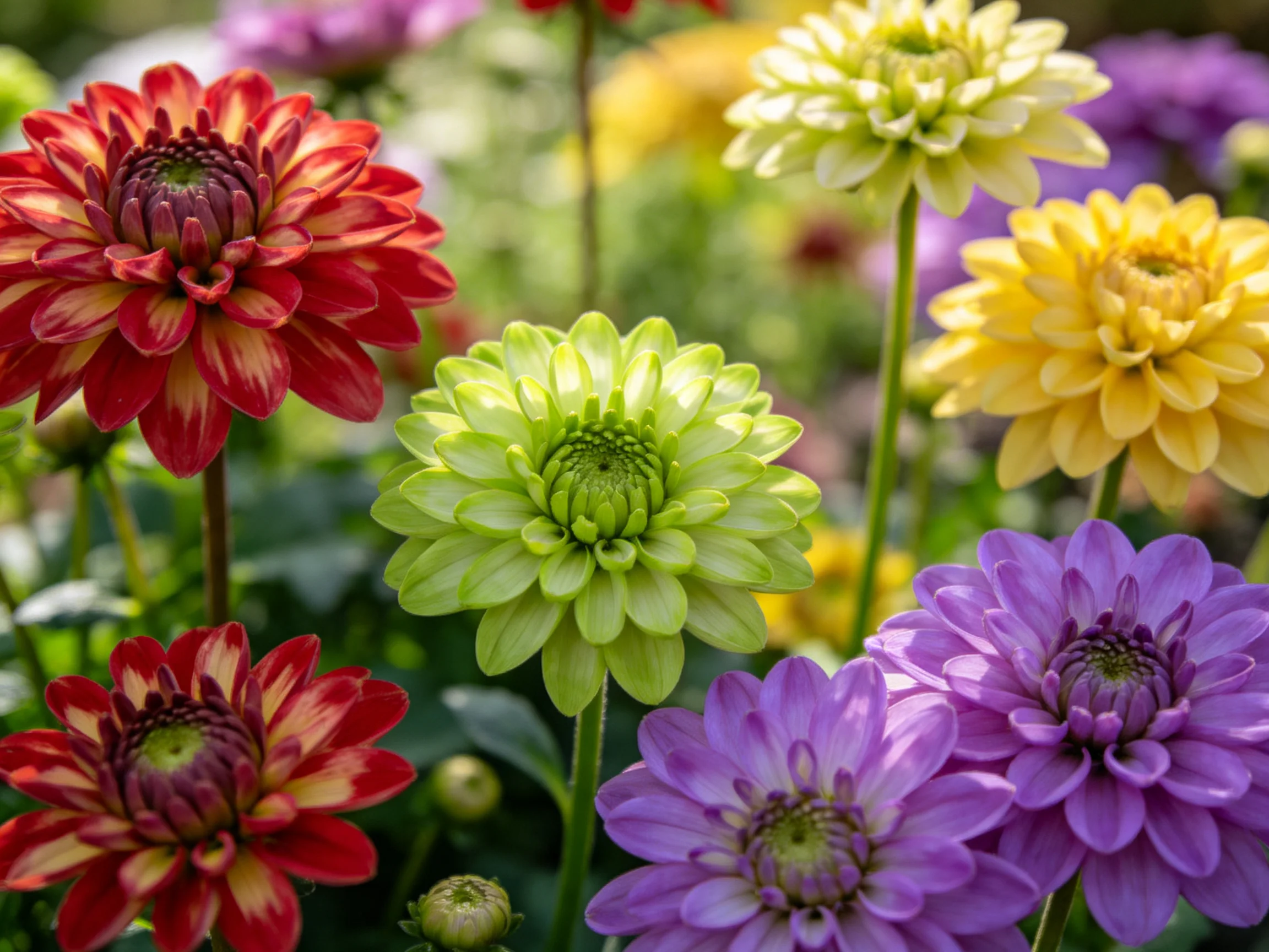 Vibrant Dahlias in Multiple Colors with Buds