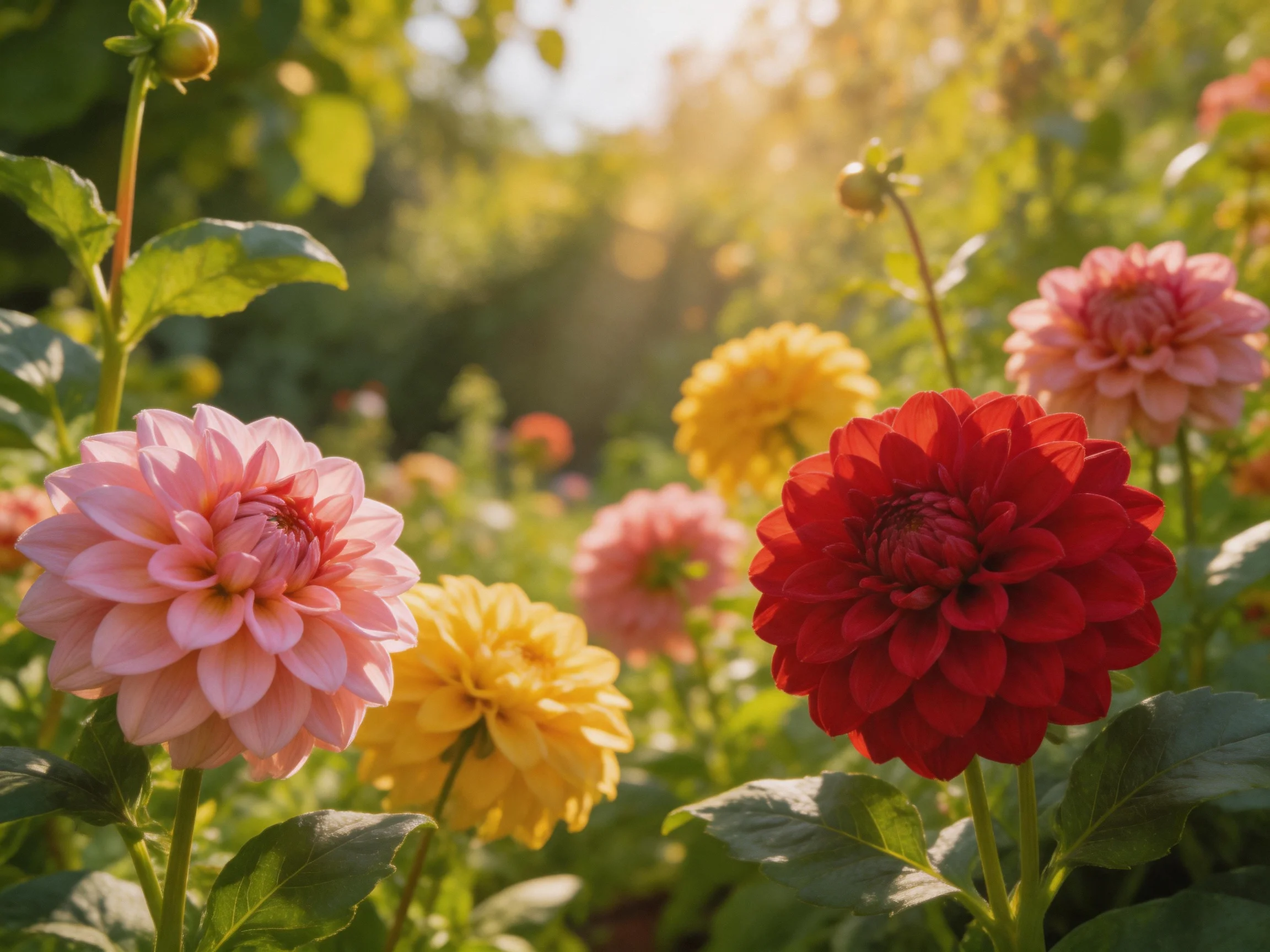 Vibrant Dahlias in Pink, Yellow, and Red Bloom Under Golden Light