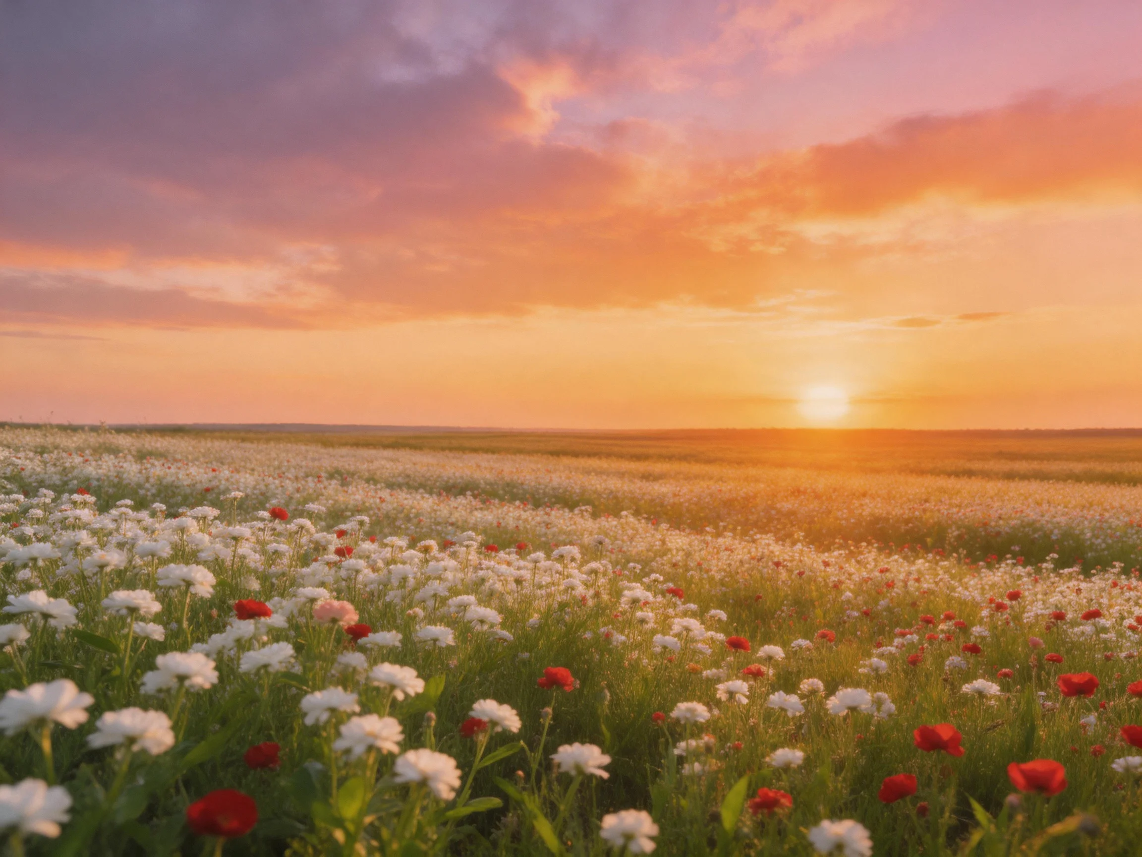 Vibrant Flower Meadow Under Golden Sunset