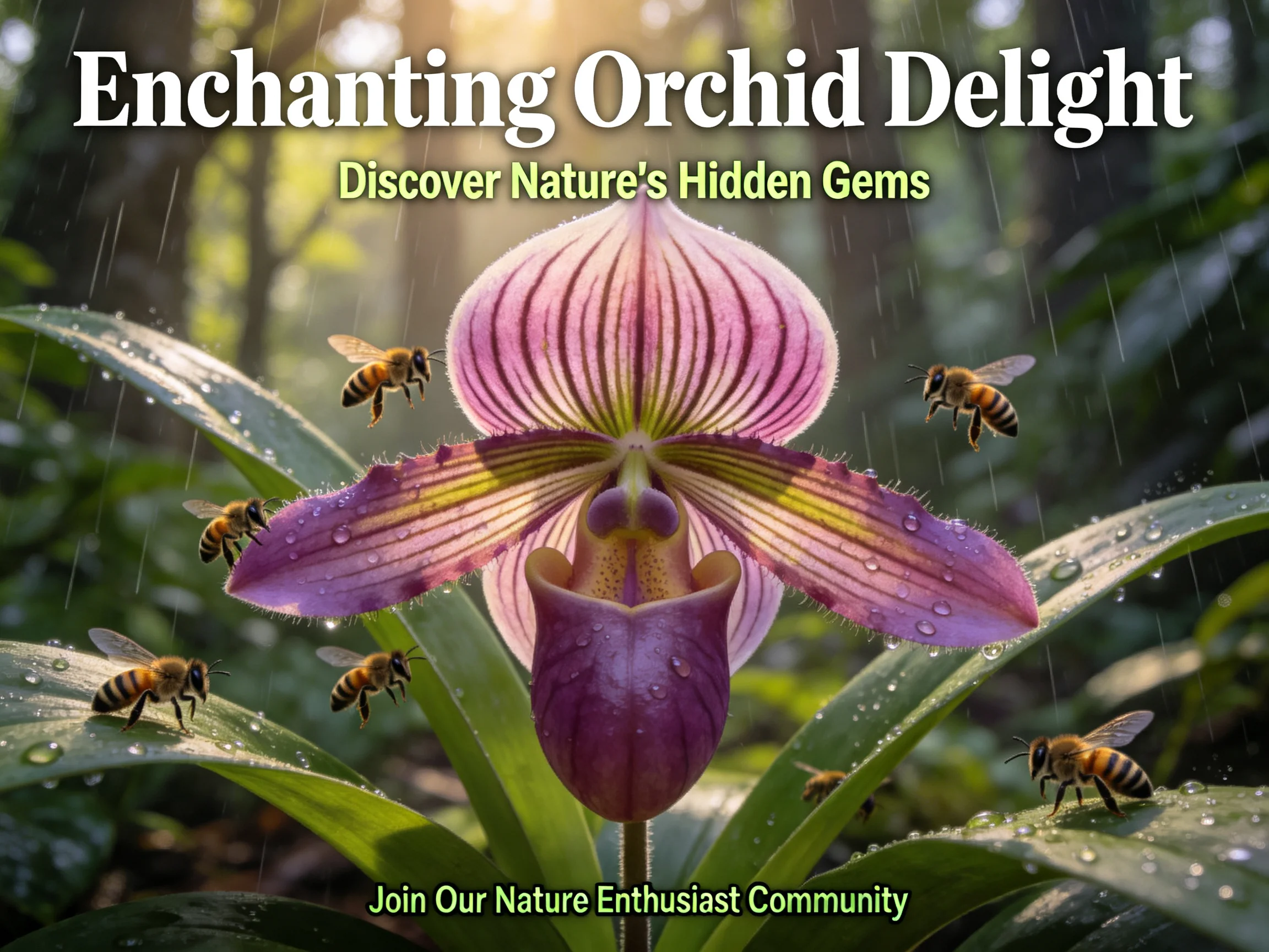 Vibrant Pink Orchid with Bees Under Rainy Forest Light