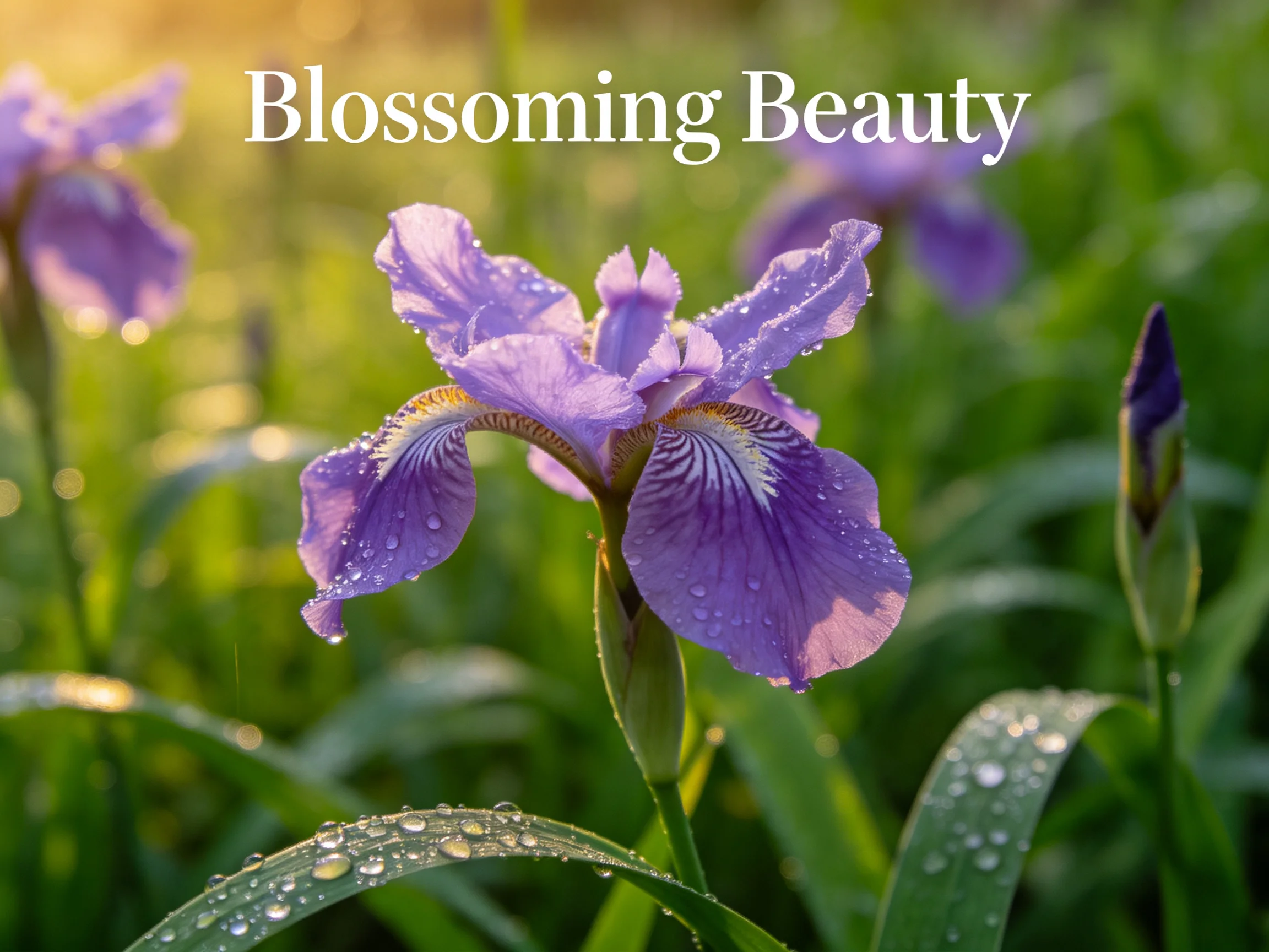 Vibrant Purple Irises with Dew Drops in Sunlit Garden