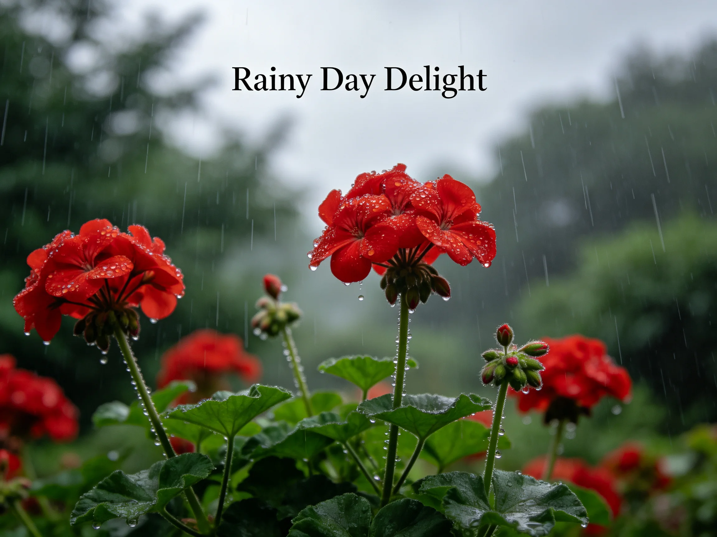 Vibrant Red Geranium Blooms Glisten Under Rainy Showers