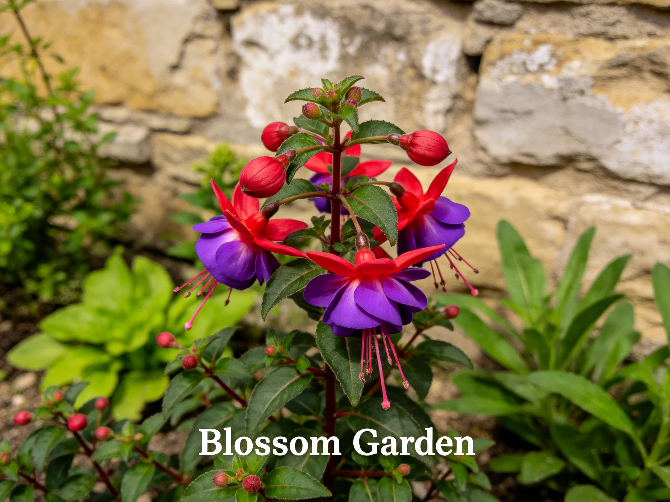Vibrant Red and Purple Fuchsia Blooms in Blossom Garden