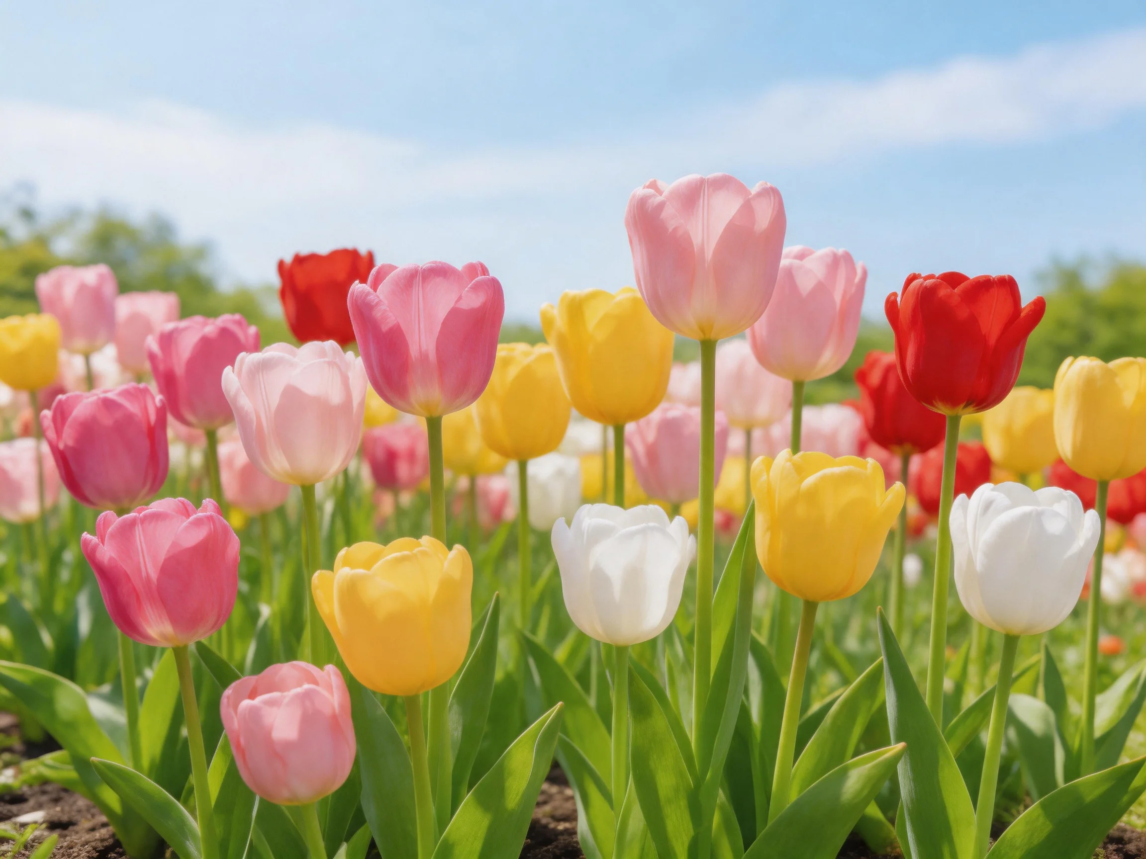 Vibrant Tulip Field with Red, Pink, Yellow, and White Flowers