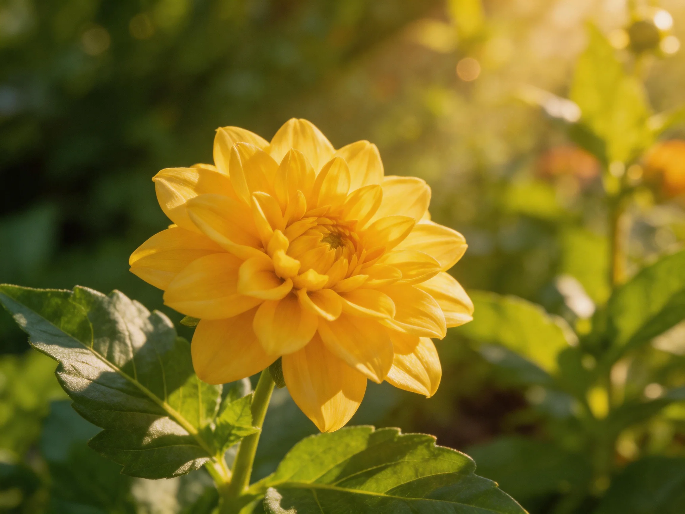 Vibrant Yellow Dahlia Blooms Amid Green Foliage Under Golden Light