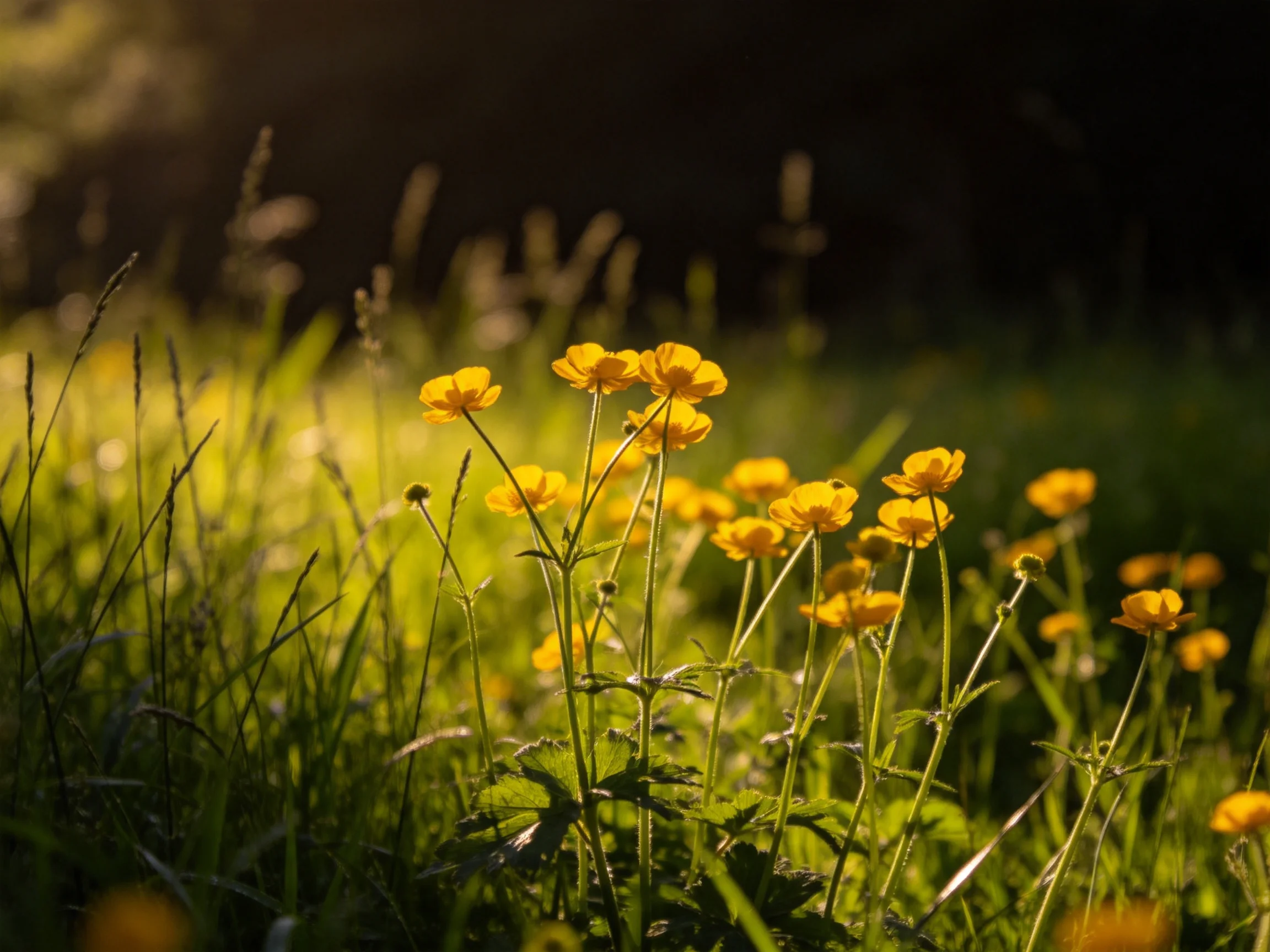 Vibrant Yellow Wildflowers in Sunlit Lush Meadow