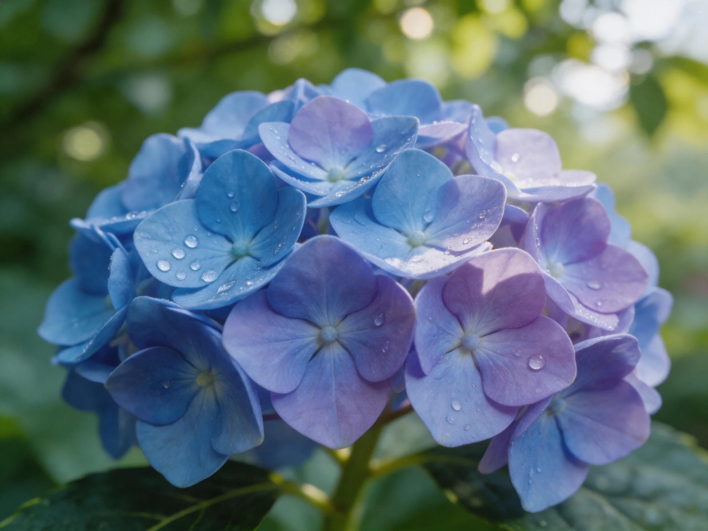 Vibrant blue and lavender hydrangeas adorned with glistening dewdrops