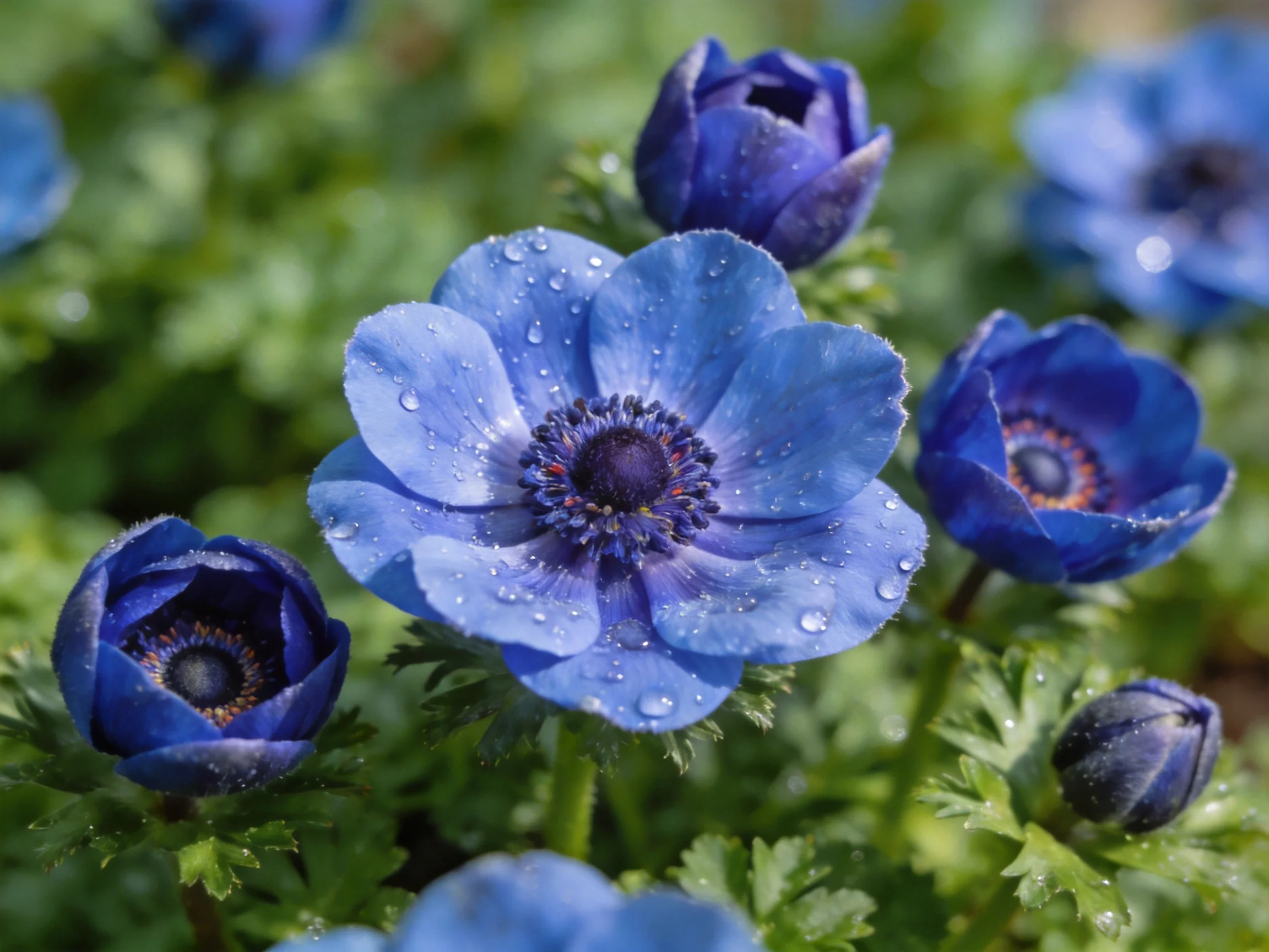 Vibrant blue anemones with dewdrops amid lush green foliage
