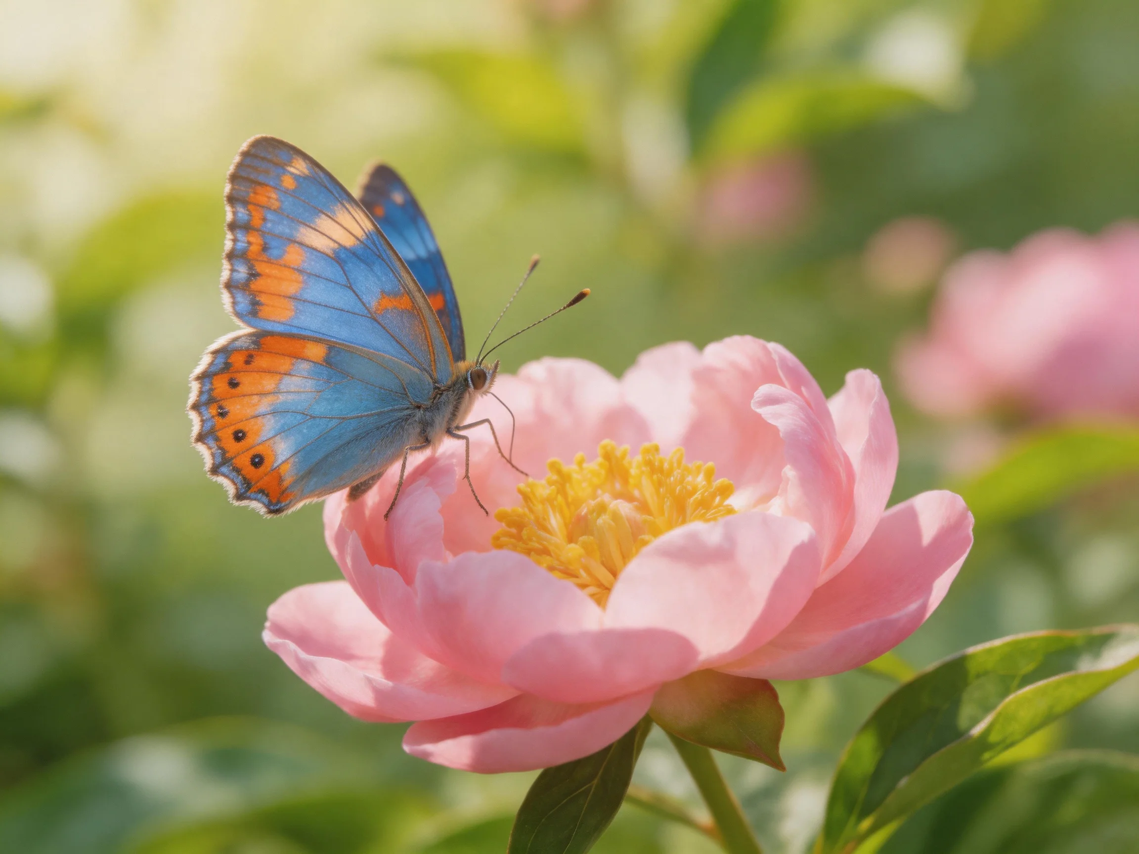 Vibrant blue butterfly perched on a soft pink peony