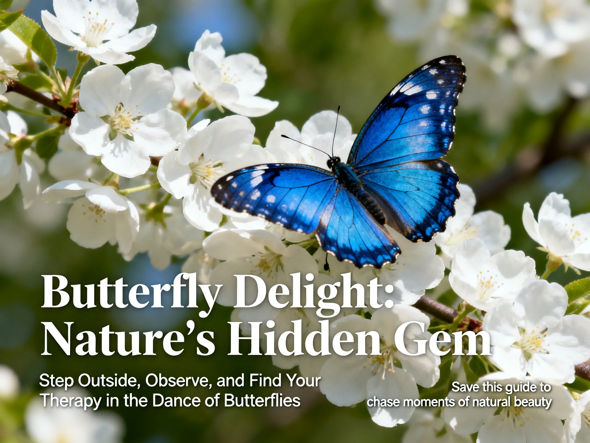 Vibrant blue butterfly resting on delicate white blossoms