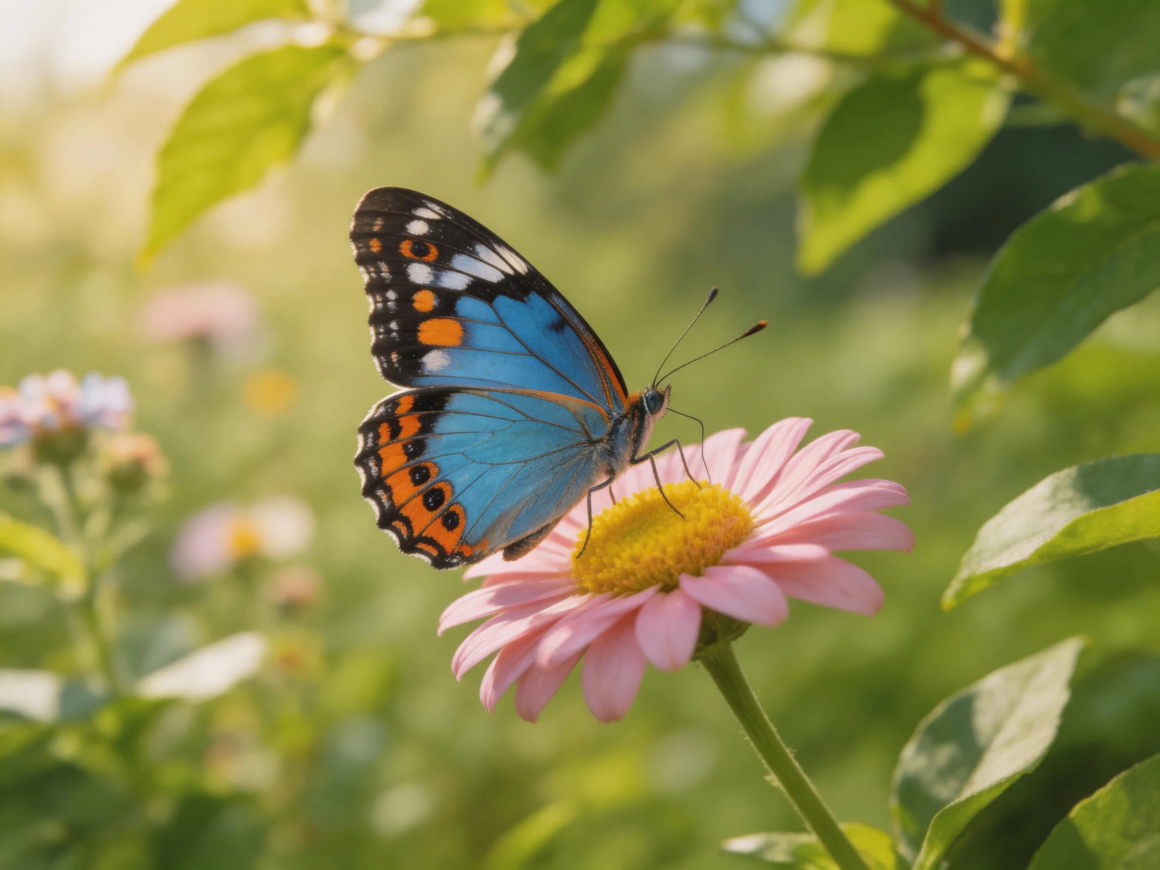 Vibrant blue butterfly with orange accents perched on pink daisy in sunlit meadow
