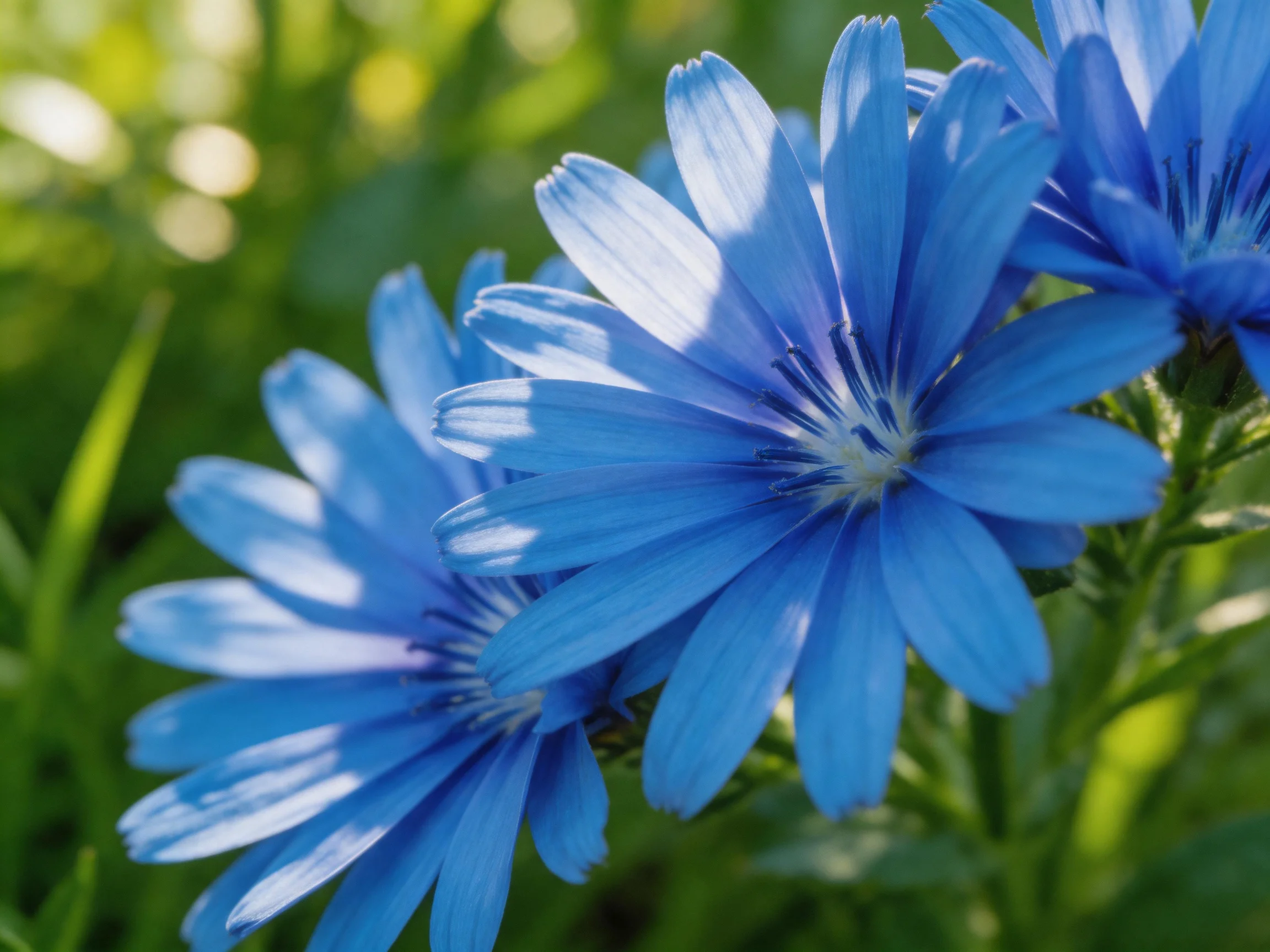 Vibrant blue chicory flowers bloom amid lush green foliage