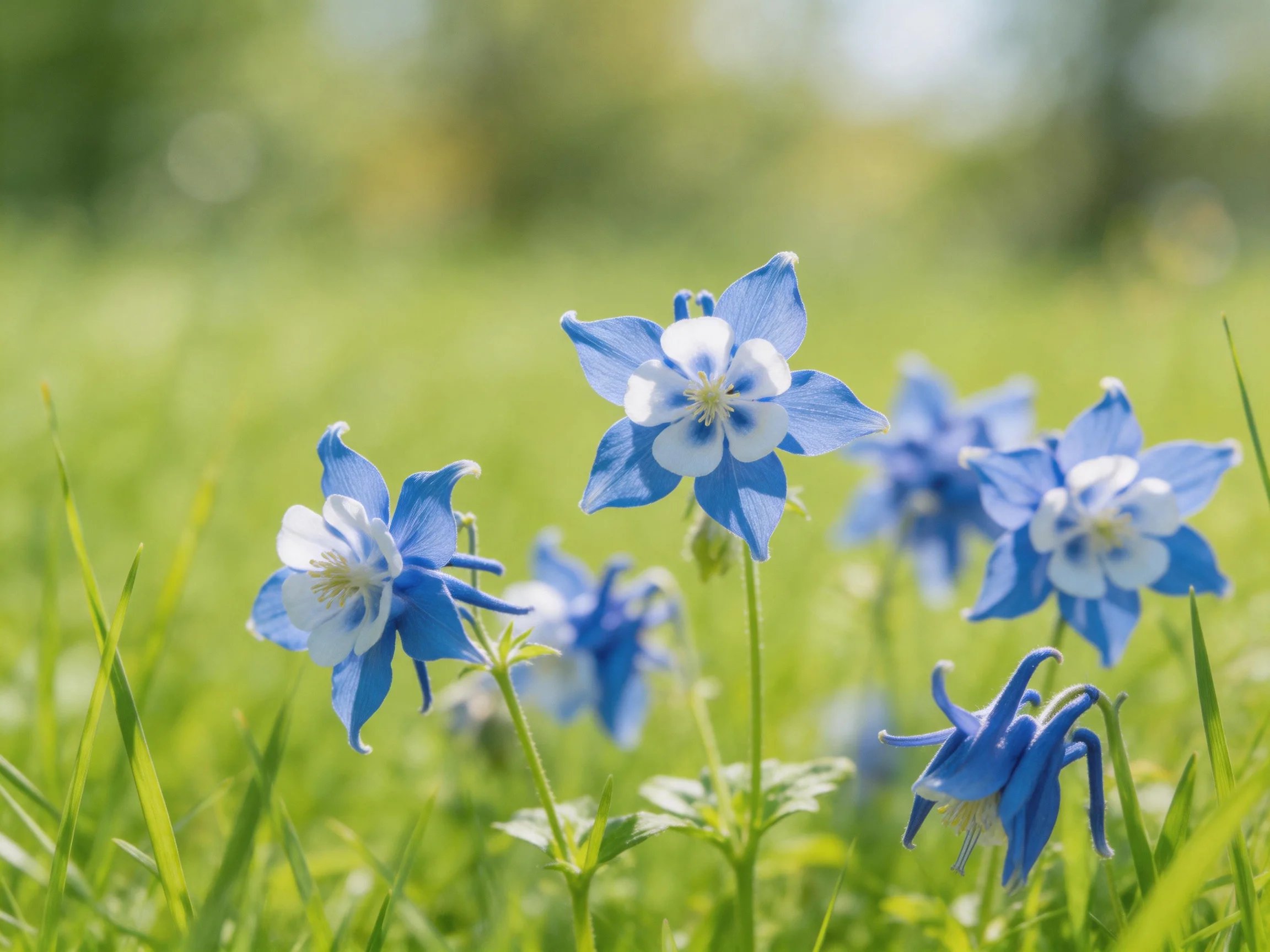 Vibrant blue columbine blooms in a lush green meadow