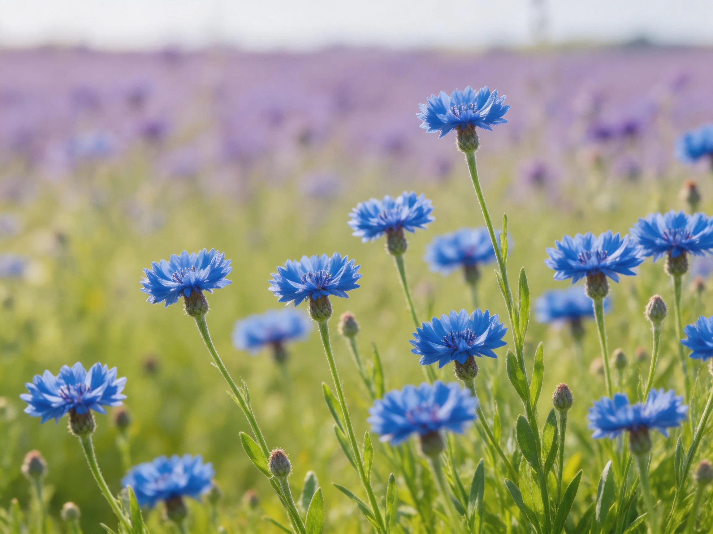 Vibrant blue cornflowers bloom amid green stems with a purple field backdrop
