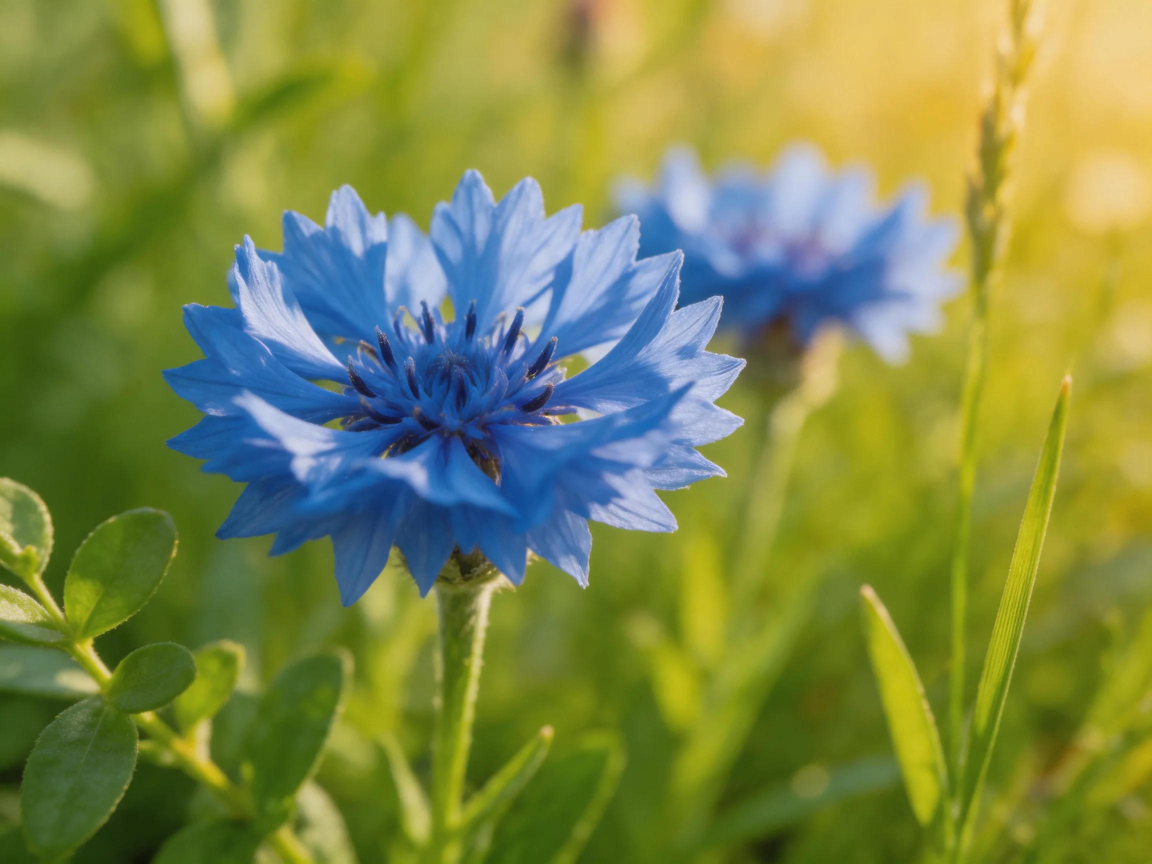 Vibrant blue cornflowers bloom among lush green foliage in soft natural light