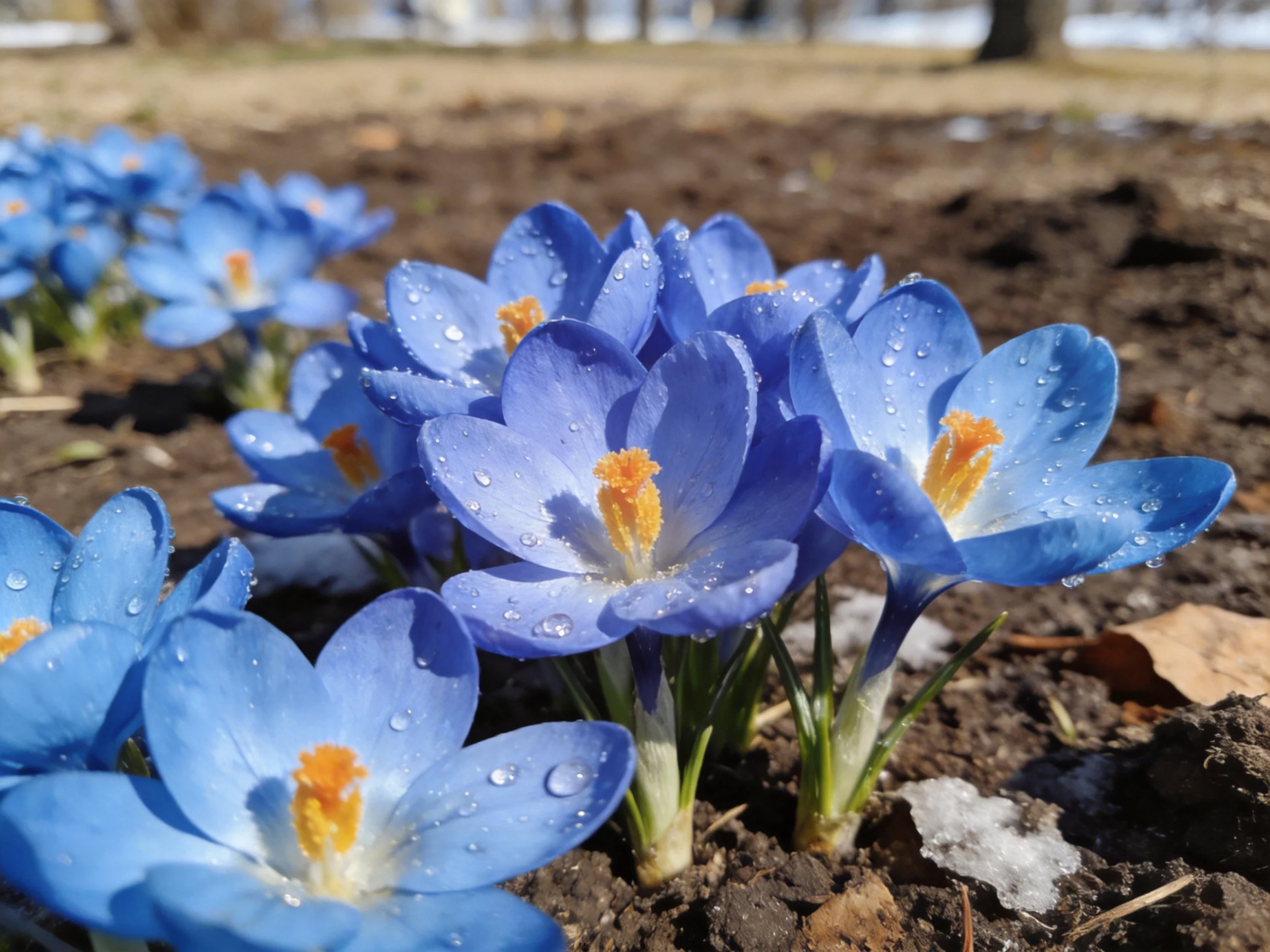 Vibrant blue crocus blooms with dewdrops in earthy soil