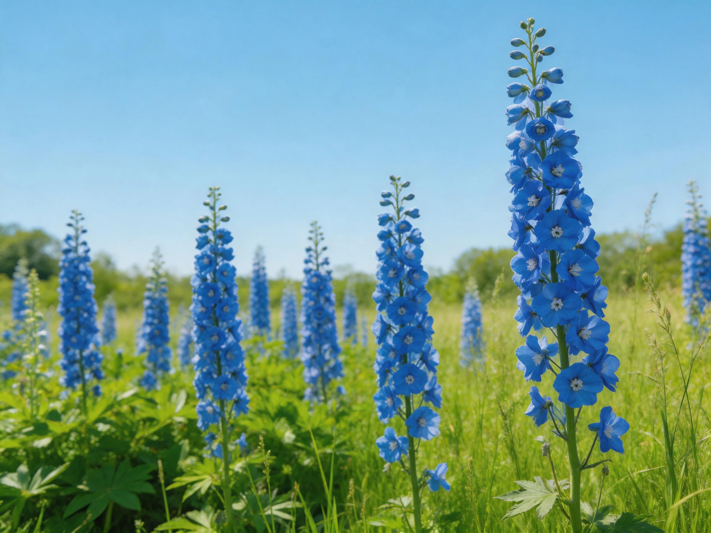 Vibrant blue delphiniums bloom abundantly among lush green foliage