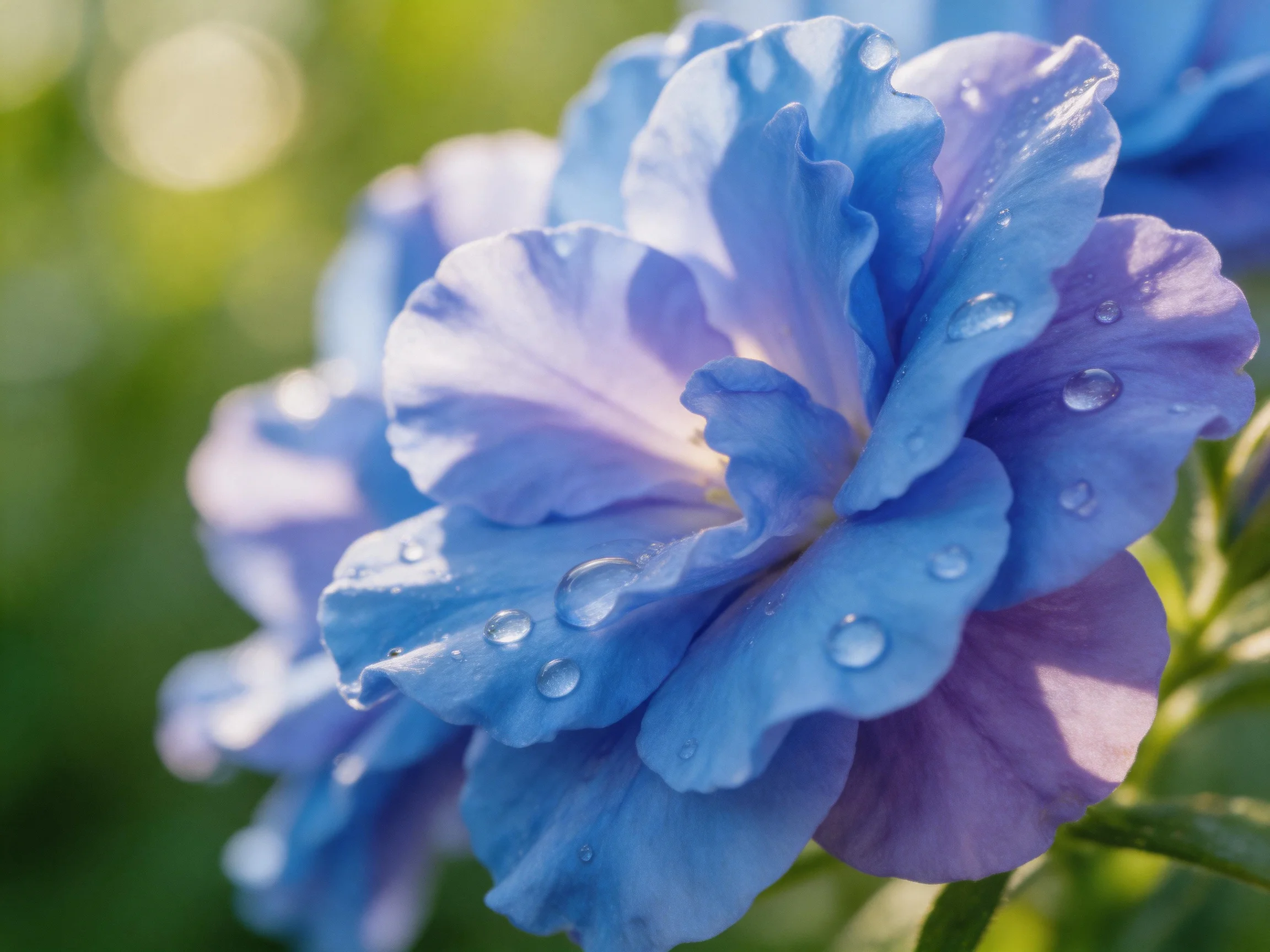 Vibrant blue flowers adorned with glistening water droplets