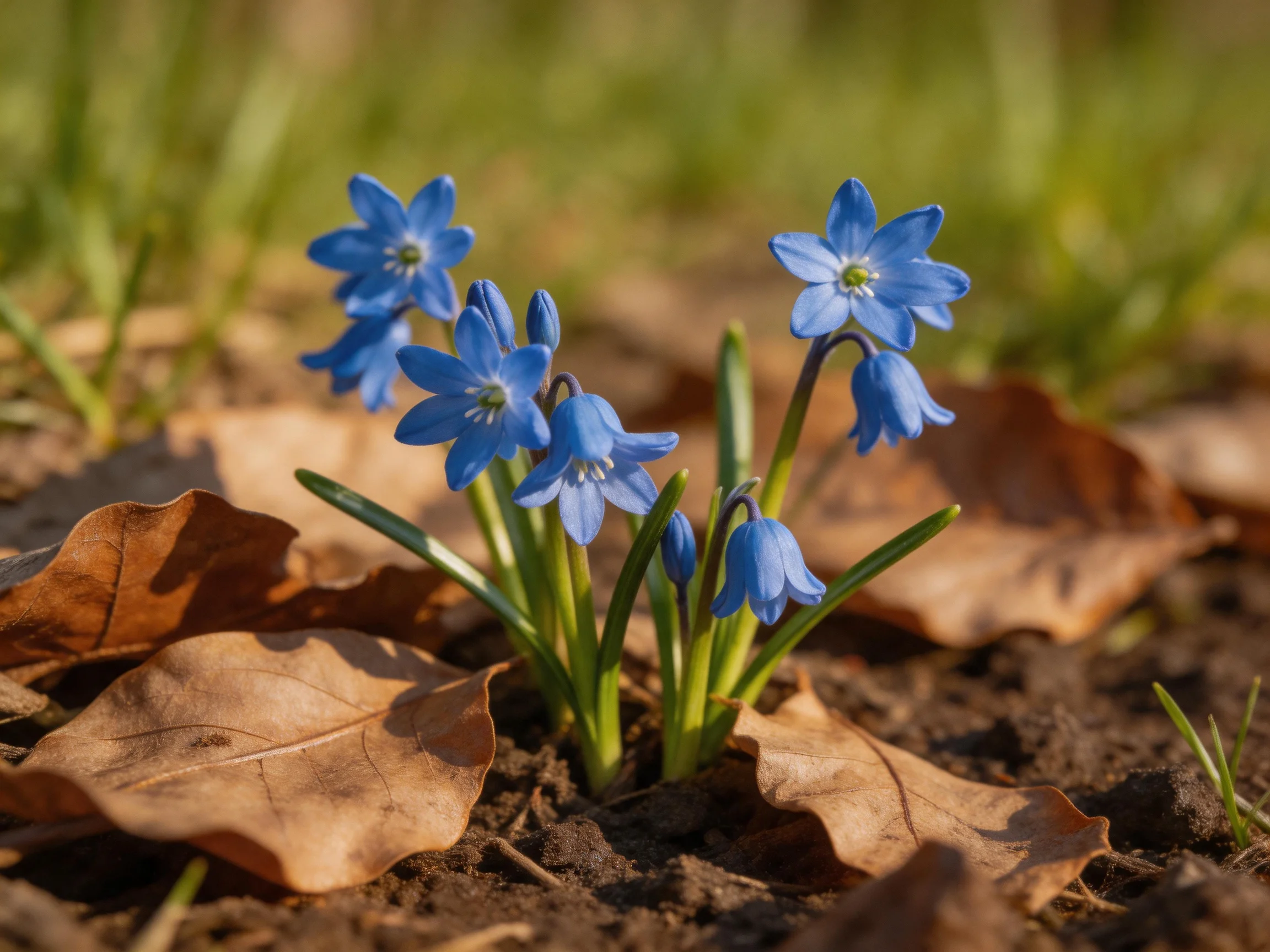 Vibrant blue flowers bloom among brown dried leaves and dark earth