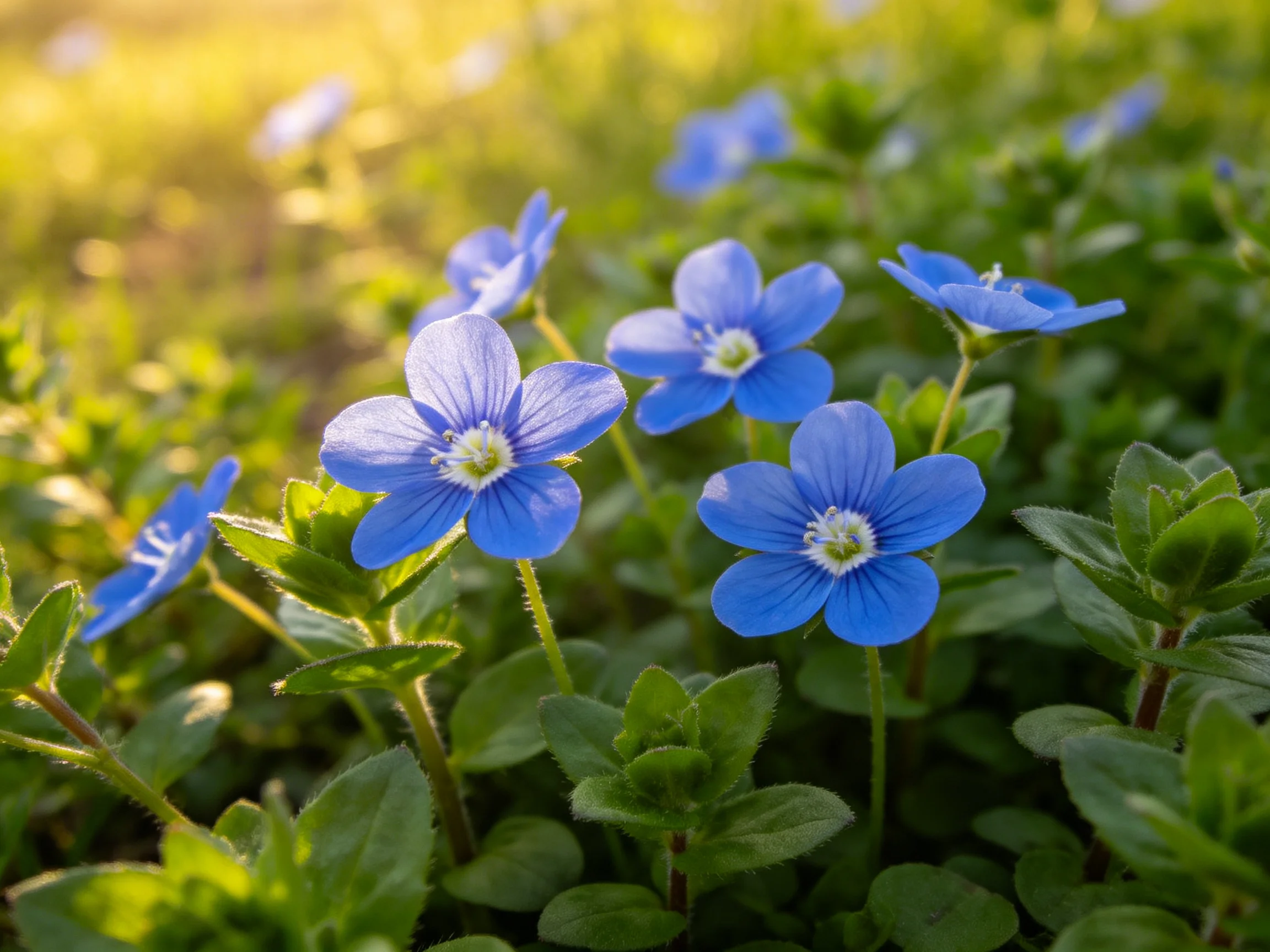 Vibrant blue flowers bloom among lush green foliage in soft sunlight