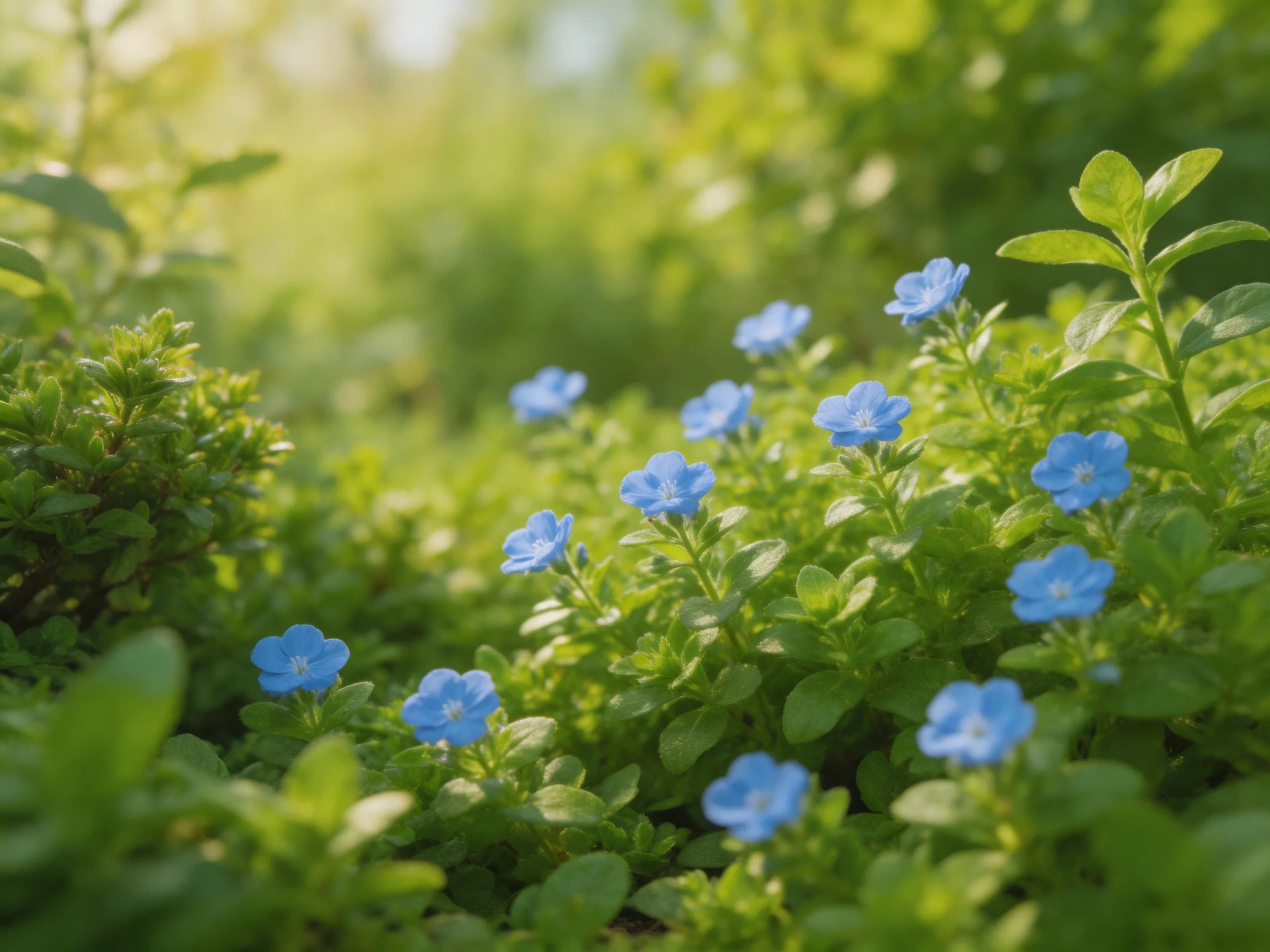 Vibrant blue flowers bloom among lush greenery in soft sunlight