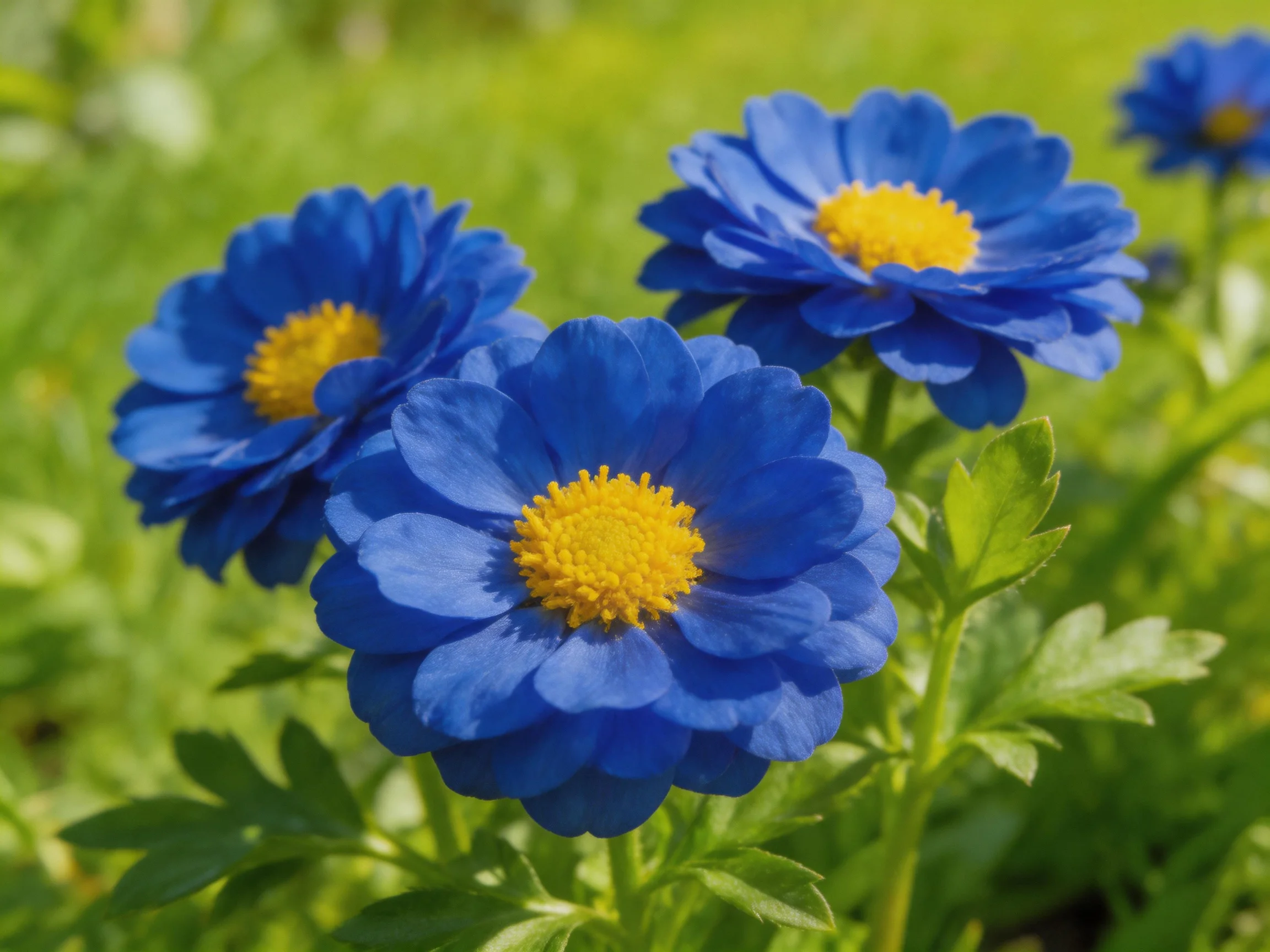 Vibrant blue flowers with bright yellow centers amid lush green foliage