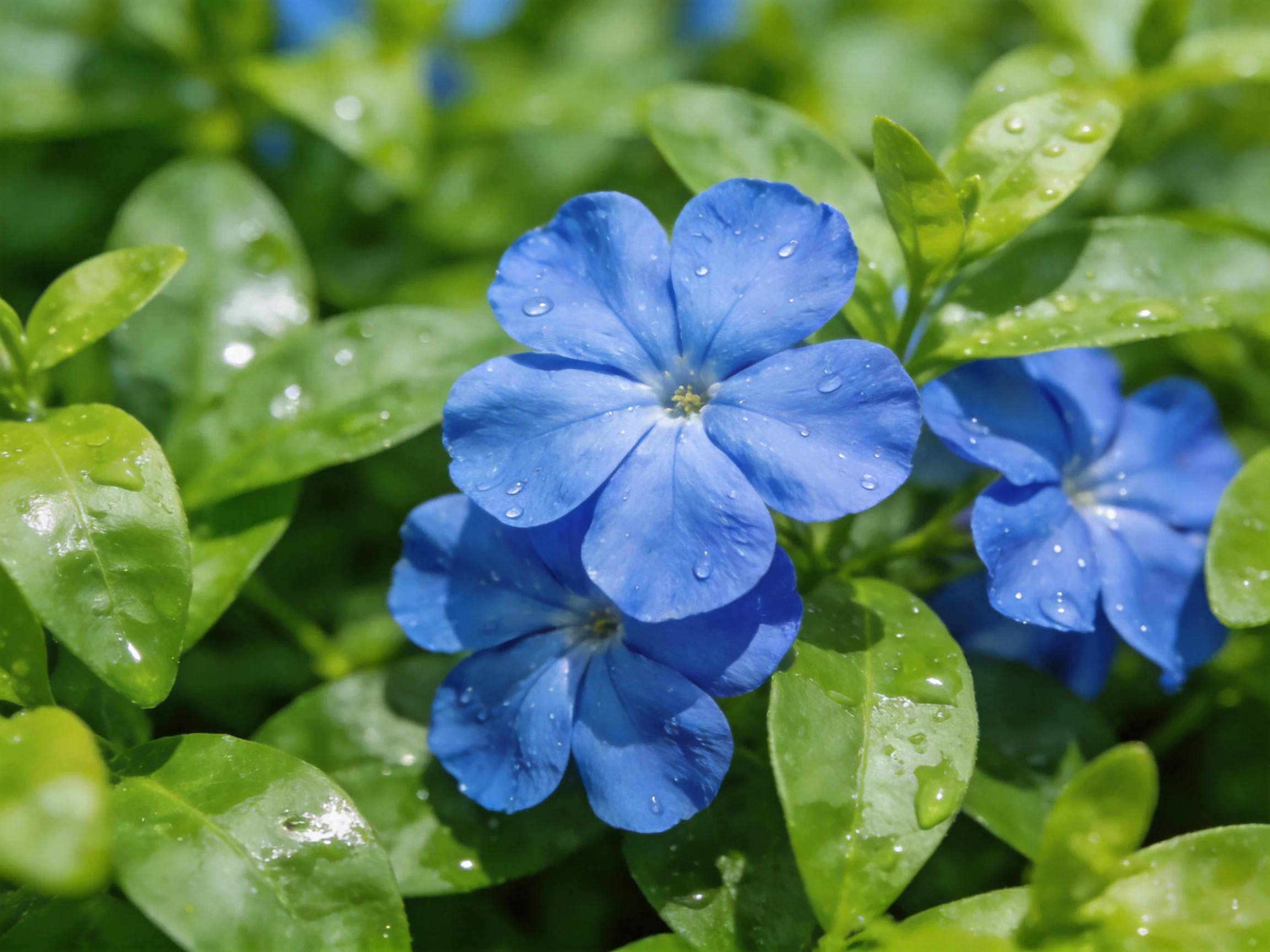 Vibrant blue flowers with dewdrops amid glossy green foliage