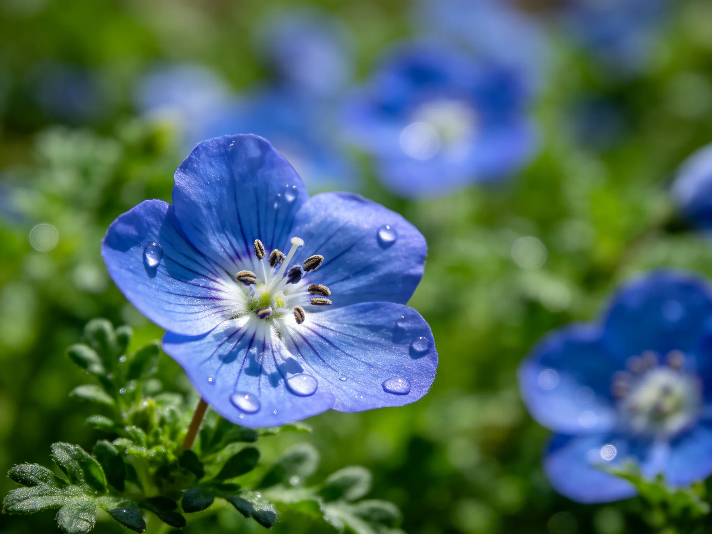 Vibrant blue flowers with dewdrops amidst lush greenery