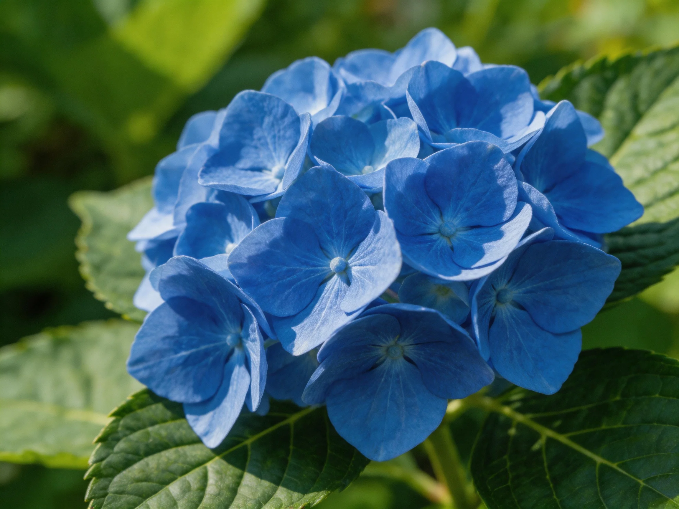 Vibrant blue hydrangea blooms surrounded by lush green foliage