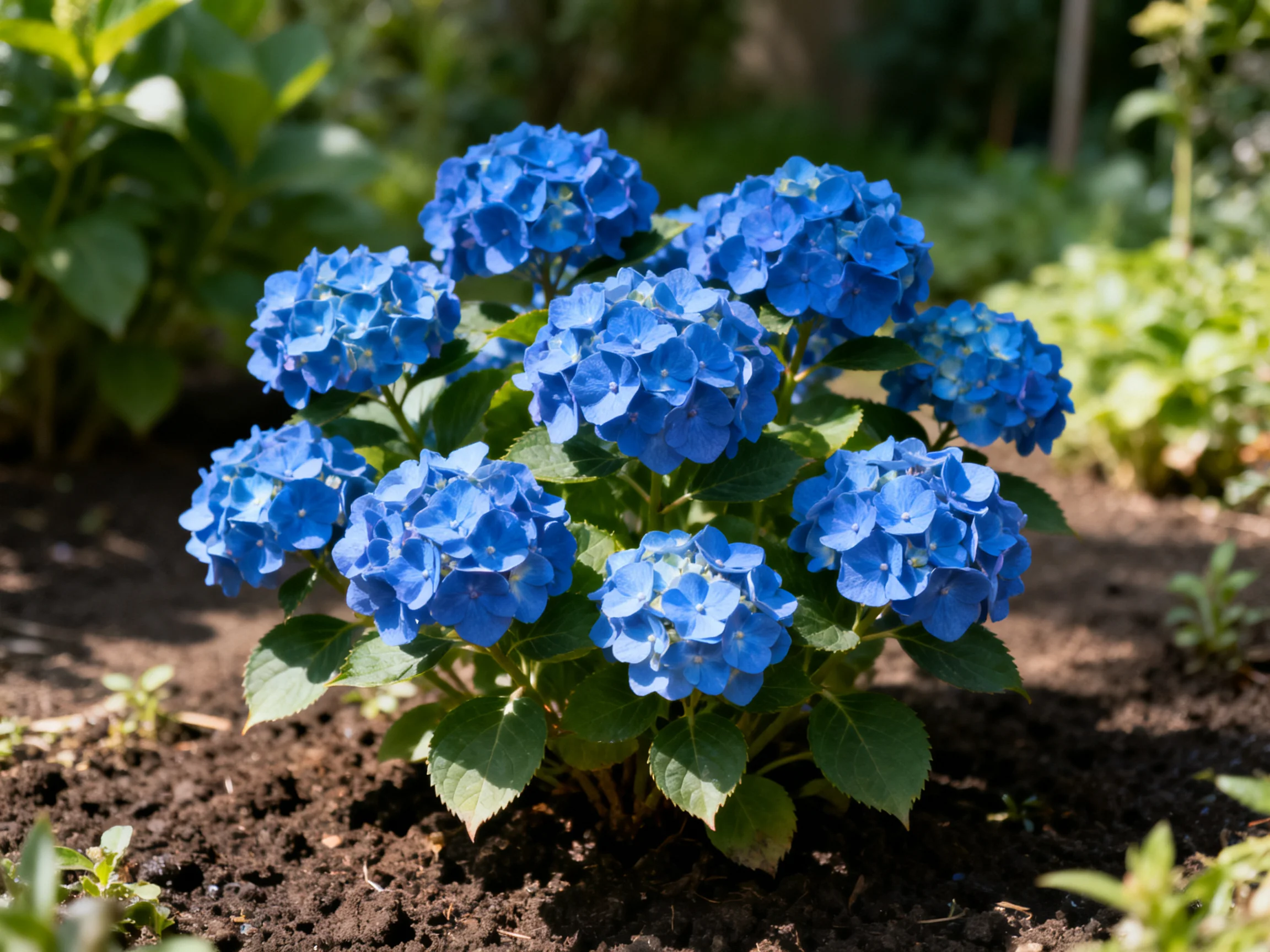 Vibrant blue hydrangea clusters bloom in a sunlit garden bed
