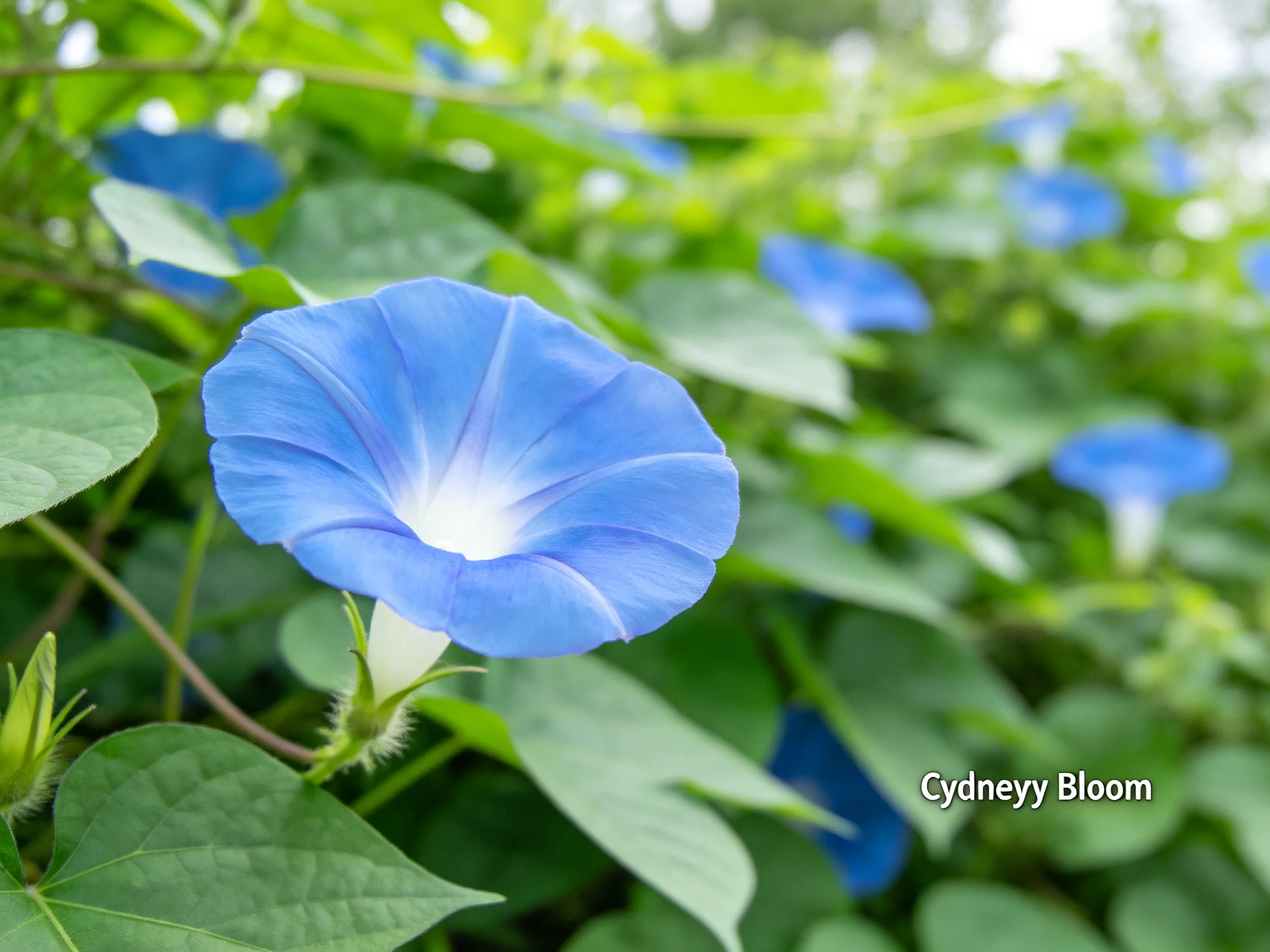 Vibrant blue morning glory blooms amid lush green foliage