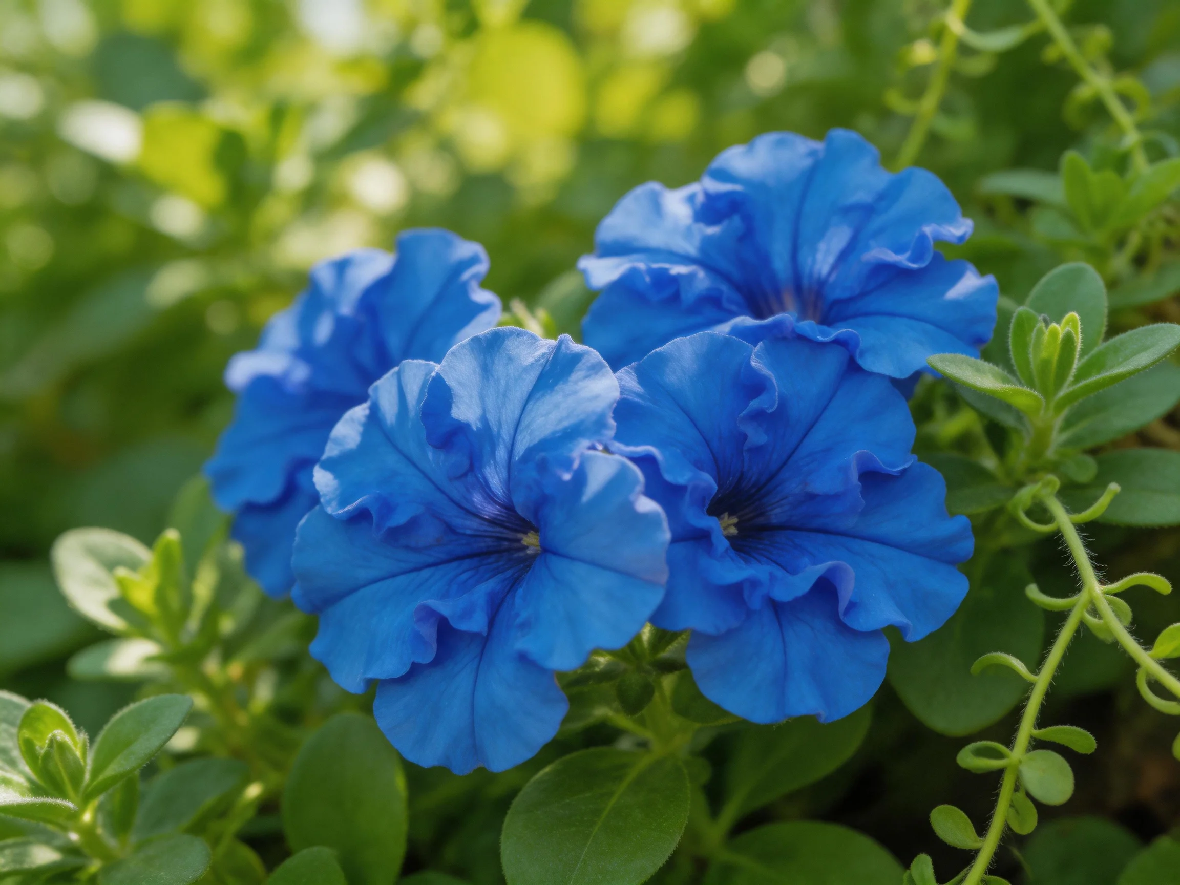 Vibrant blue petunias bloom among lush green foliage