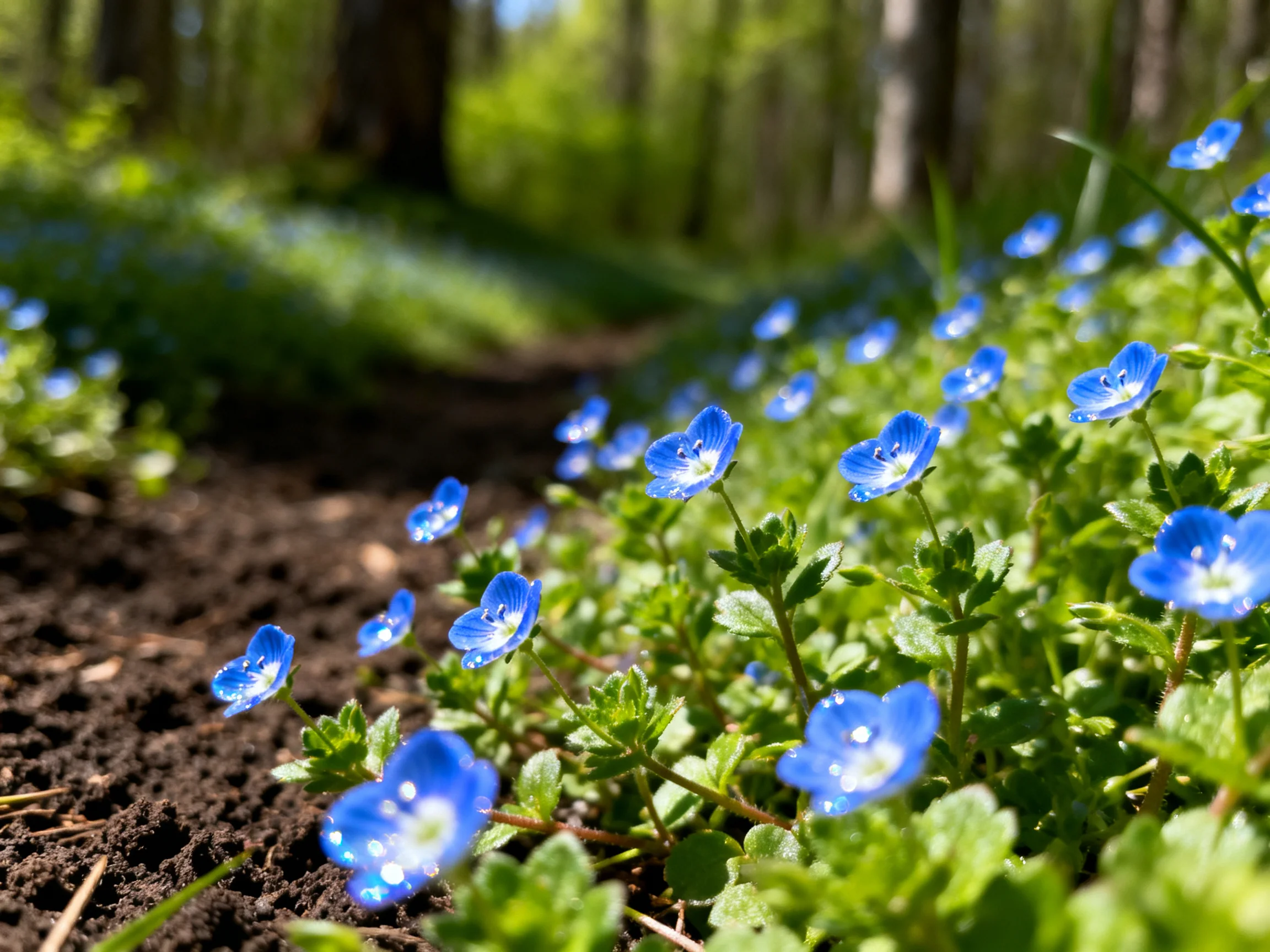 Vibrant blue wildflowers bloom among lush greenery in a sunlit forest clearing