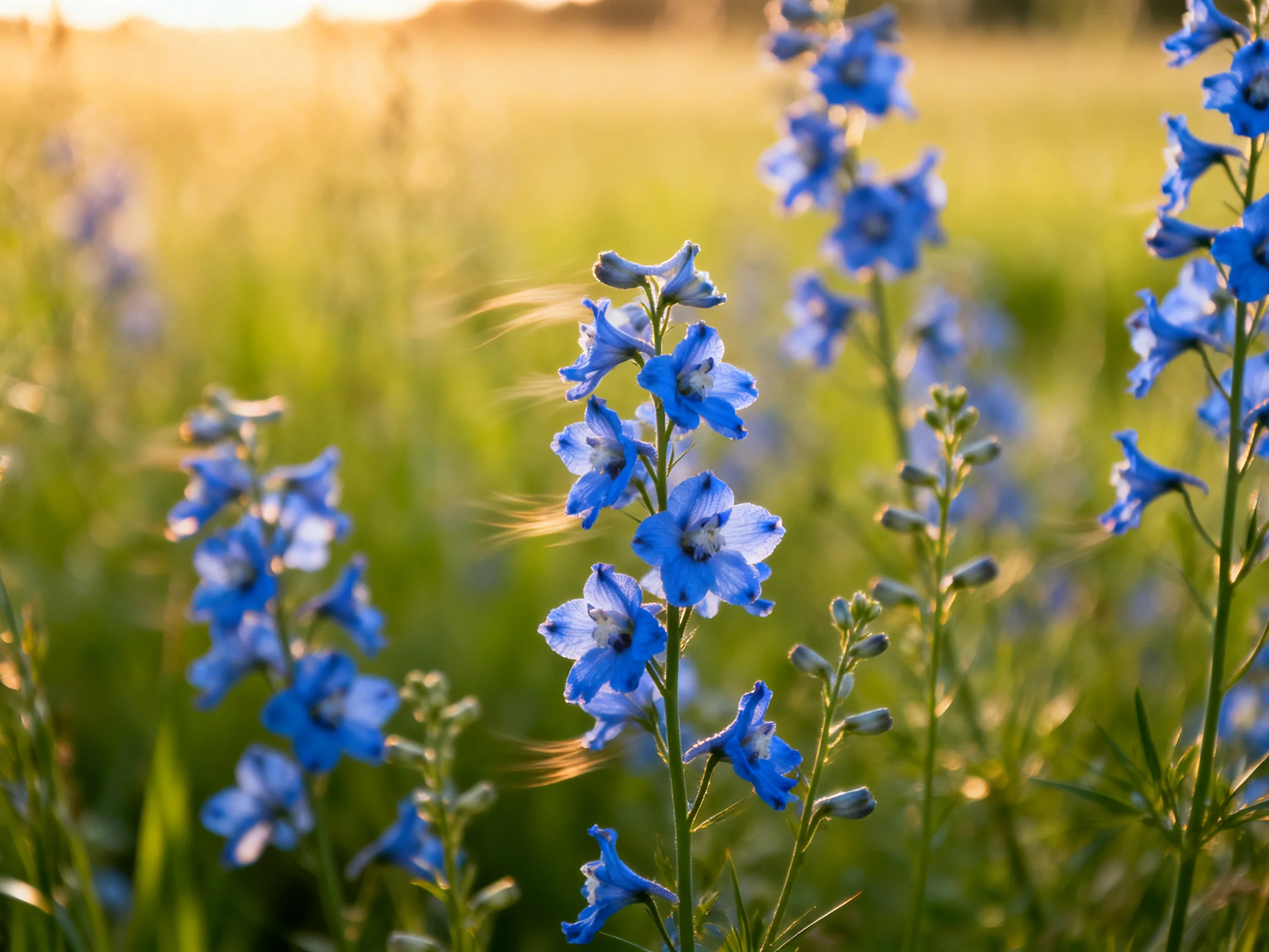 Vibrant blue wildflowers bloom in a sun-drenched meadow