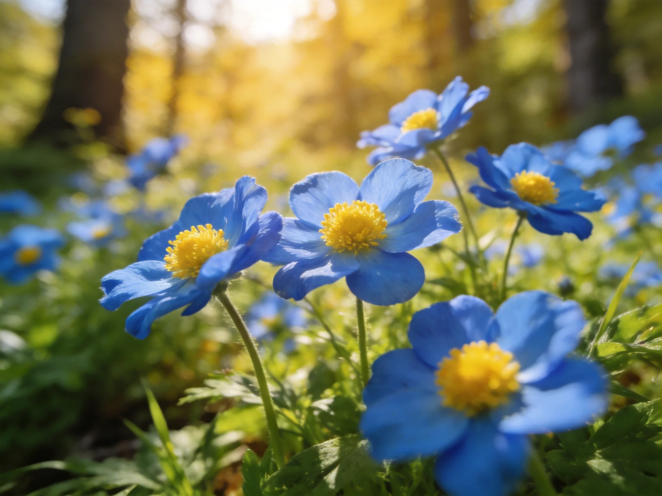 Vibrant blue wildflowers with yellow centers bloom in a sunlit forest