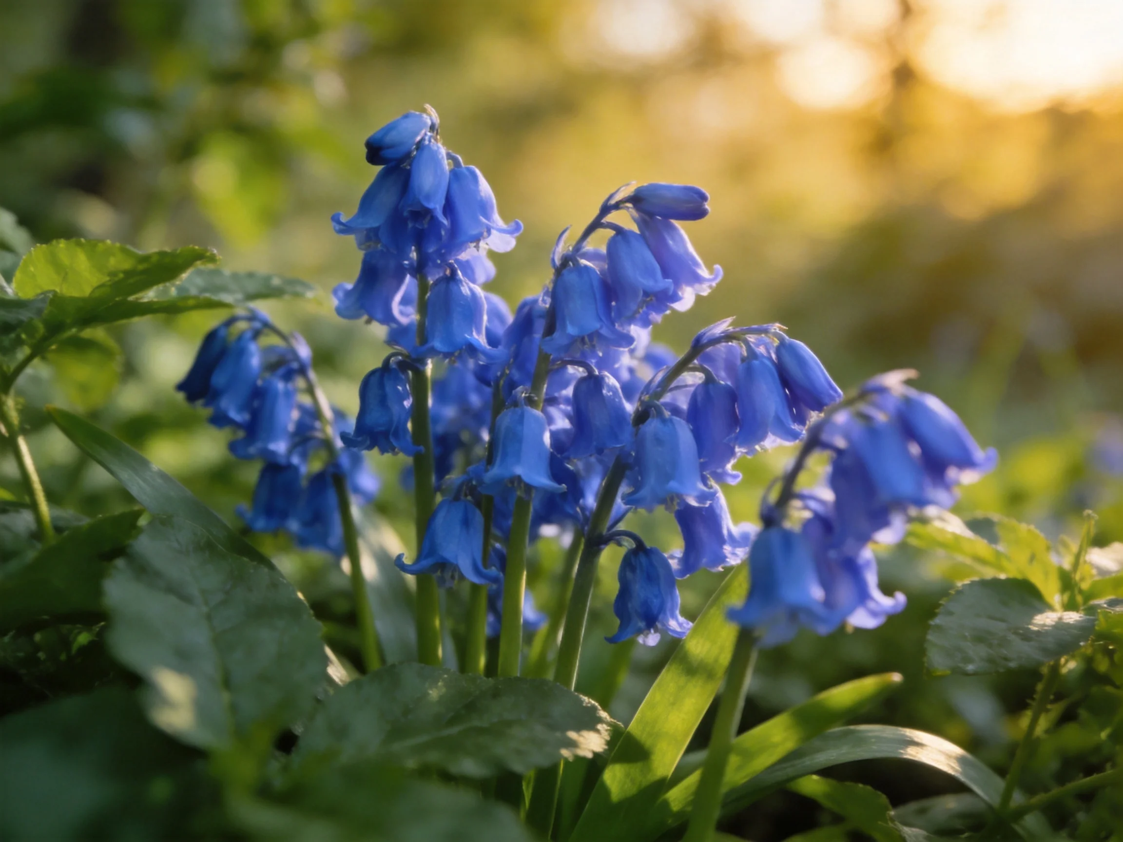 Vibrant bluebell cluster illuminated by golden sunlight