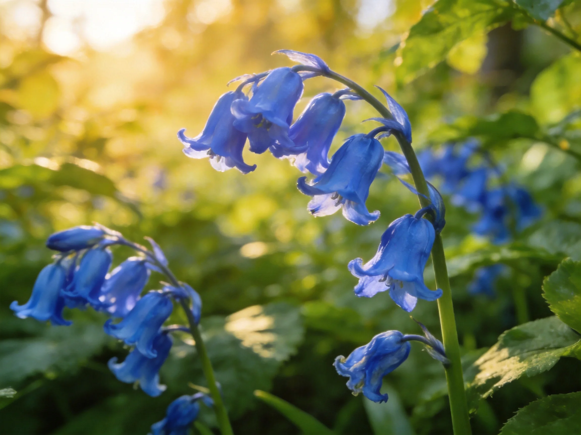 Vibrant bluebells bloom amid lush green foliage in golden sunlight