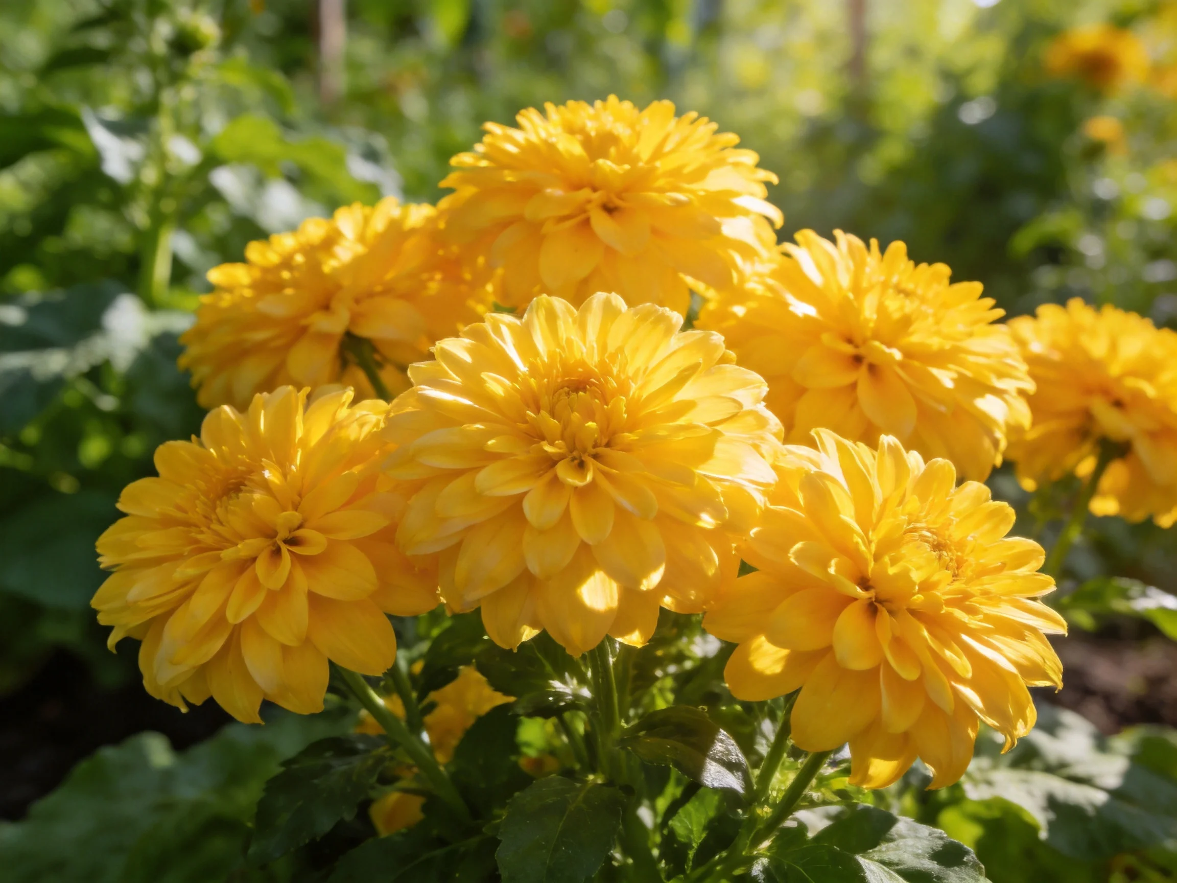 Vibrant cluster of bright yellow chrysanthemums in a sunlit garden