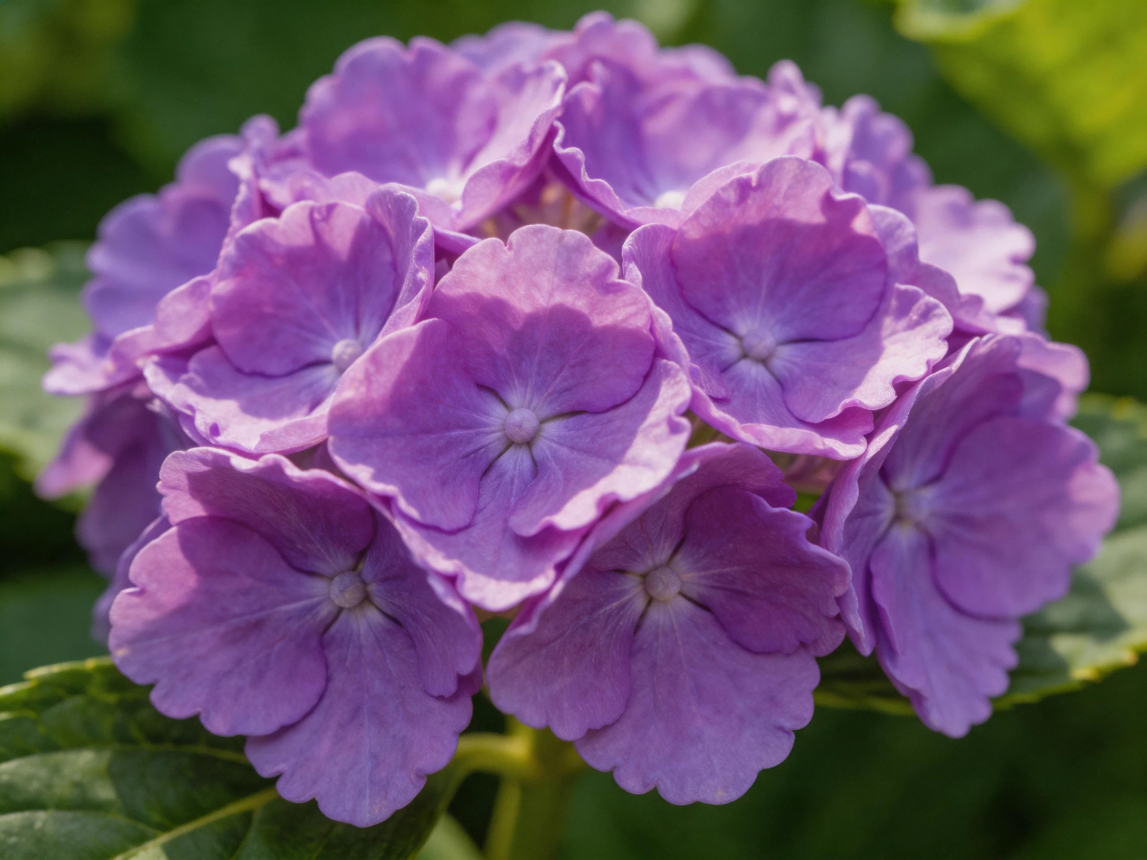 Vibrant cluster of purple hydrangeas with lush green foliage