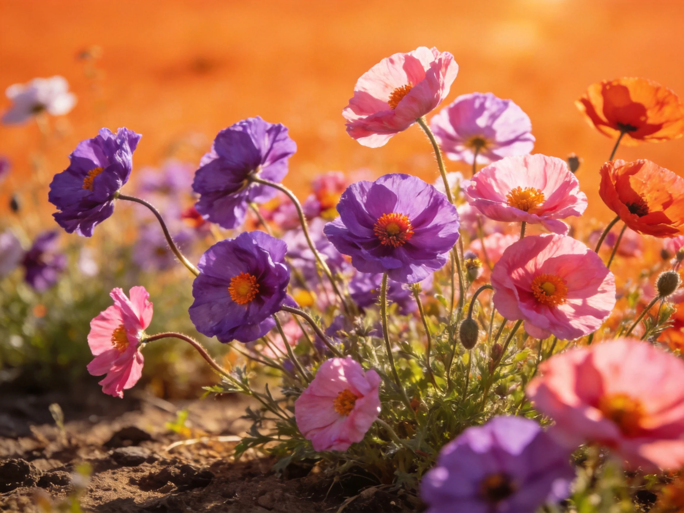 Vibrant cluster of purple, pink, and orange poppies in an outdoor setting