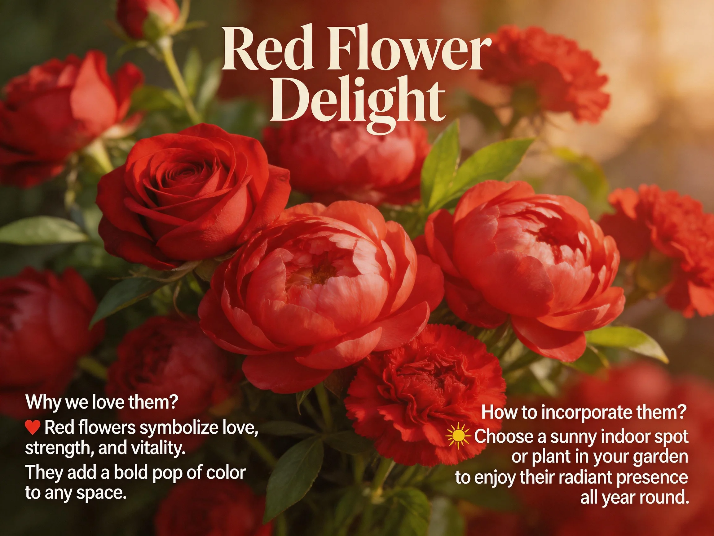Vibrant cluster of red roses and peonies with green foliage