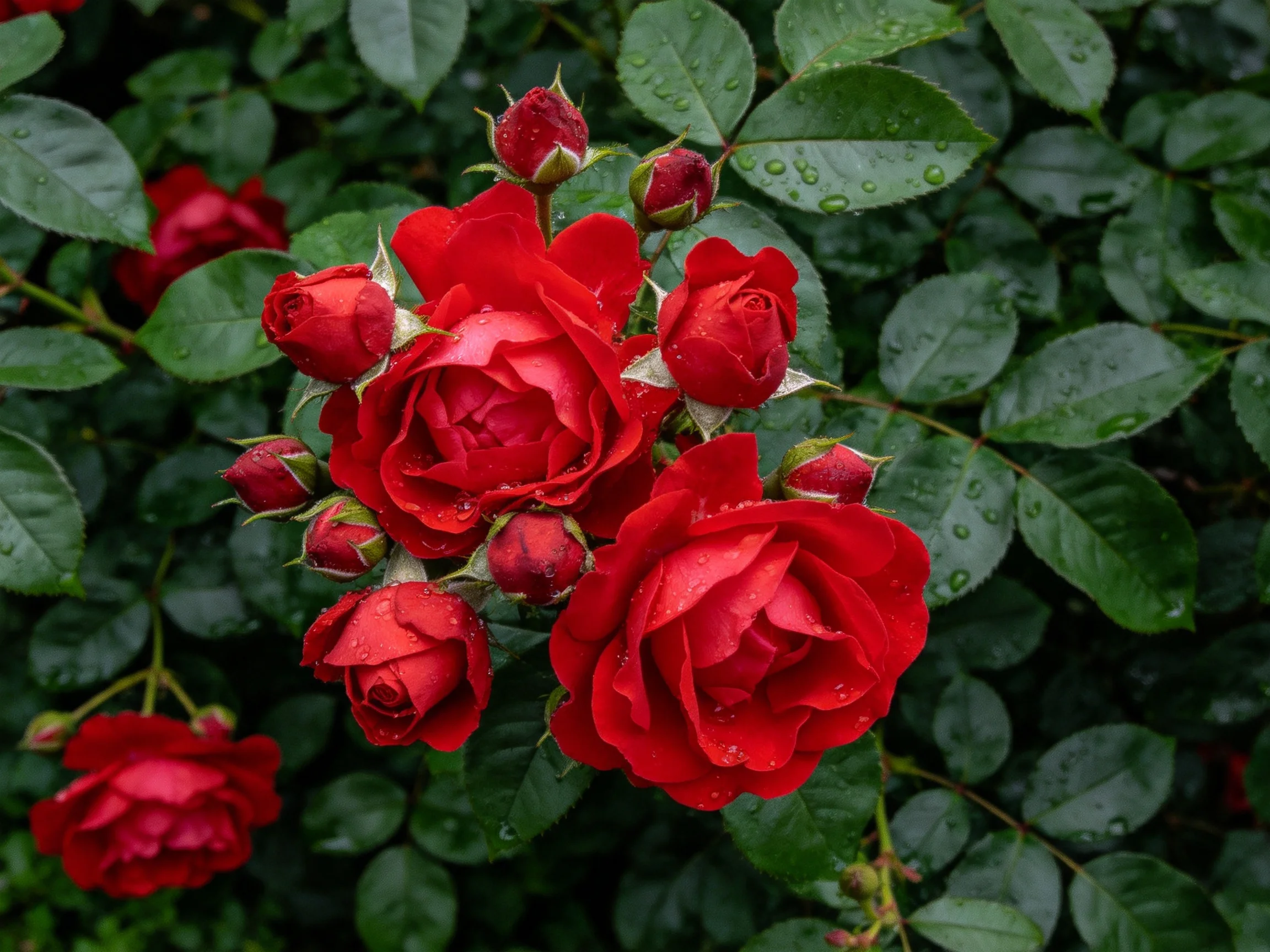 Vibrant cluster of red roses with lush green foliage
